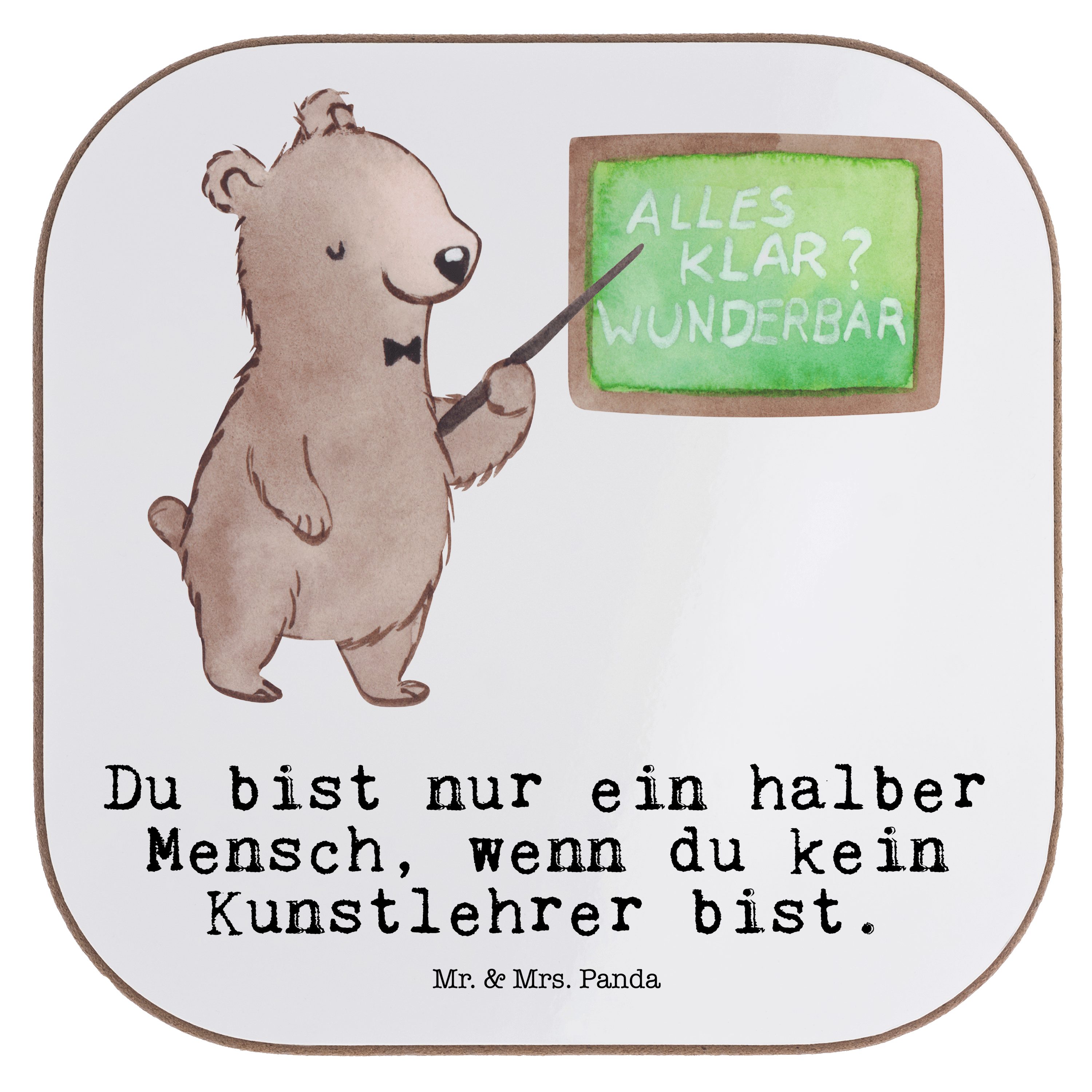Mr. & Mrs. Panda Getränkeuntersetzer Kunstlehrer mit Herz - Weiß - Geschenk, Kunstschule, Kollegin, Kunstu, 1-tlg.