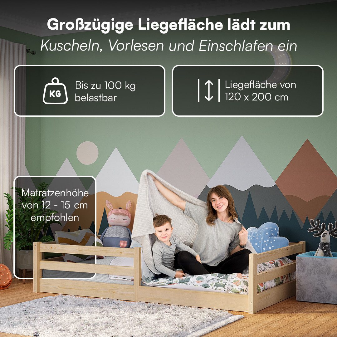Bellabino Kinderbett Iskri mit Rausfallschutz und Lattenrost (natur, optional mit Matratze), Bodenbett verfügbar in 90/120/140x200 – Bild 5 von 5