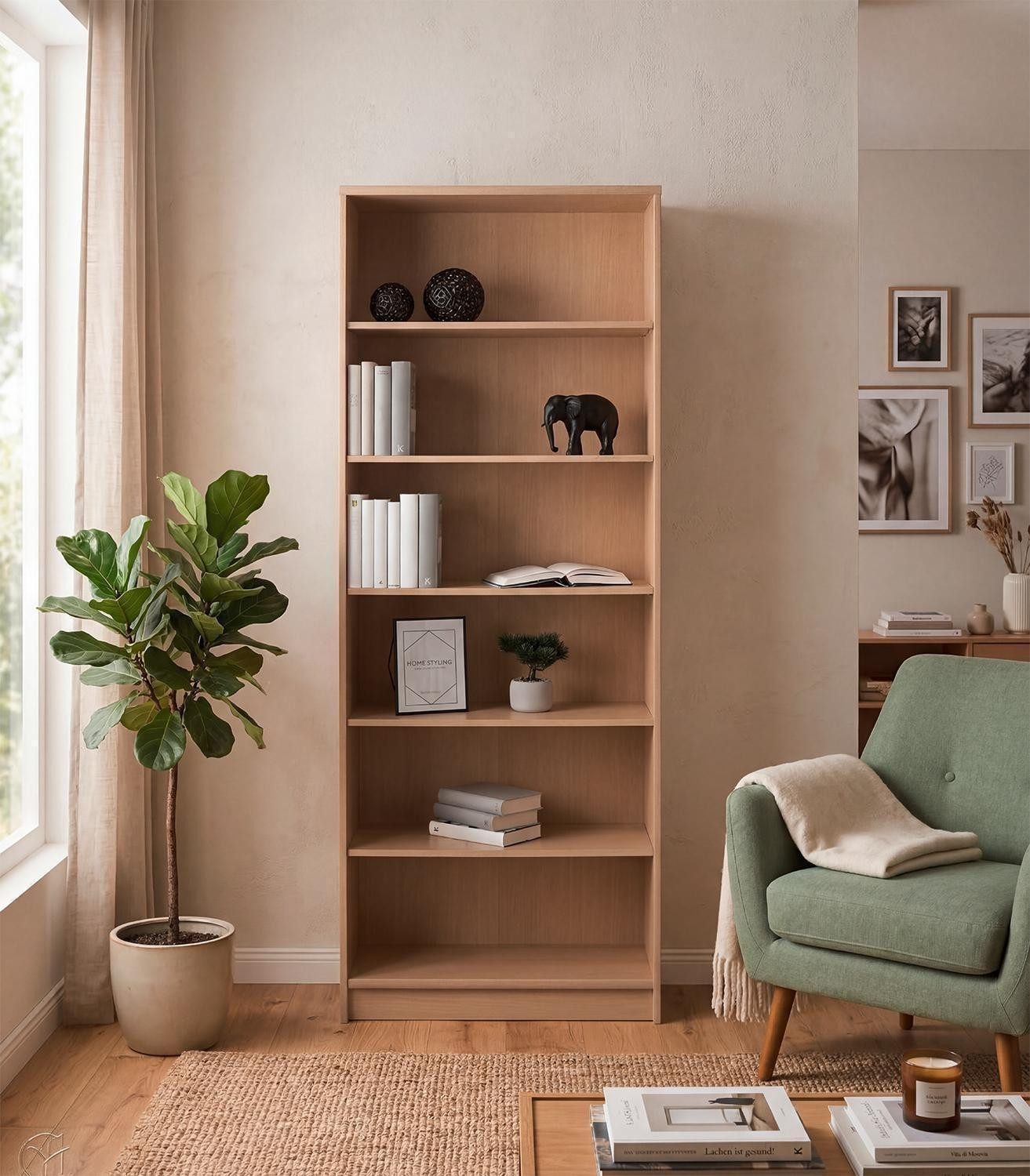 Regal Bücherregal OPTIMUS, B 72 cm, H 198 cm, braun., 1-tlg., Buchedekor, 5 Einlegeböden, für handelsübliche Ordner geeignet