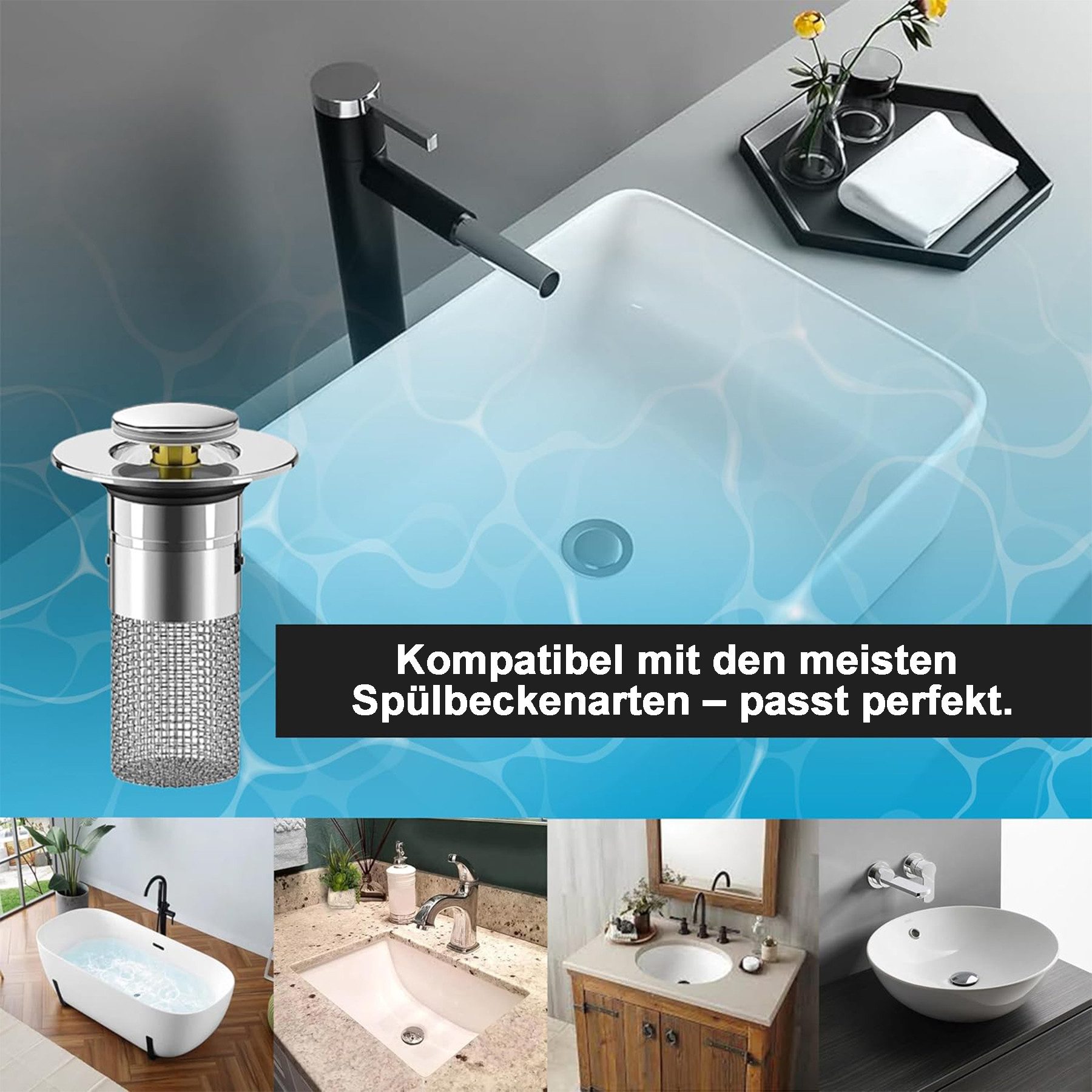 Mutig Waschbeckenstöpsel 2 Stück 2-in-1 Waschbeckenstöpsel mit Abflusssieb, aus 304 Edelstahl, (Universeller Pop Up Abflussstopfen mit Haarsieb, schnell ablaufend, passend für Abflüsse von 28–32 mm und 34–40 mm), für Bad, Küche, Dusche & Badewanne