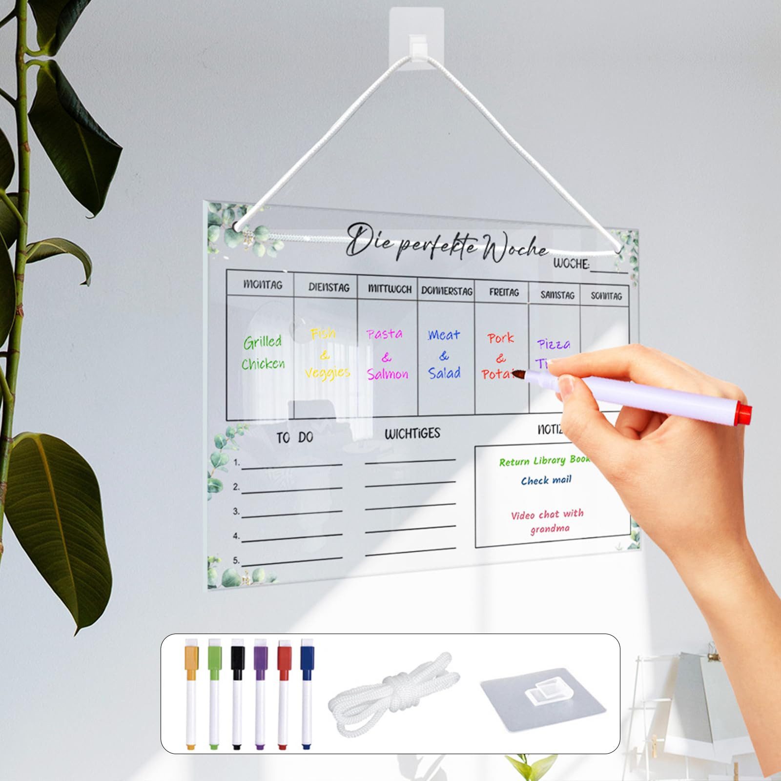 FOUORTUNATE-BEE Tischkalender Wochenplaner Abwischbar Wochenplaner aus Acrylglas, für Haushaltsplan 30 x 20CM Memoboard mit 6 Whiteboard-Stift
