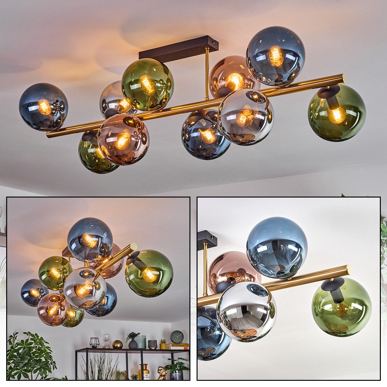 hofstein Deckenleuchte Deckenlampe aus Metall/Glas, Schwarz/Gold/Blau/Grün/Kupfer/Chrom/Rauch, Deckenleuchte im Retro/Vintage-Design (Schirme Ø 15 cm), 10 x E14