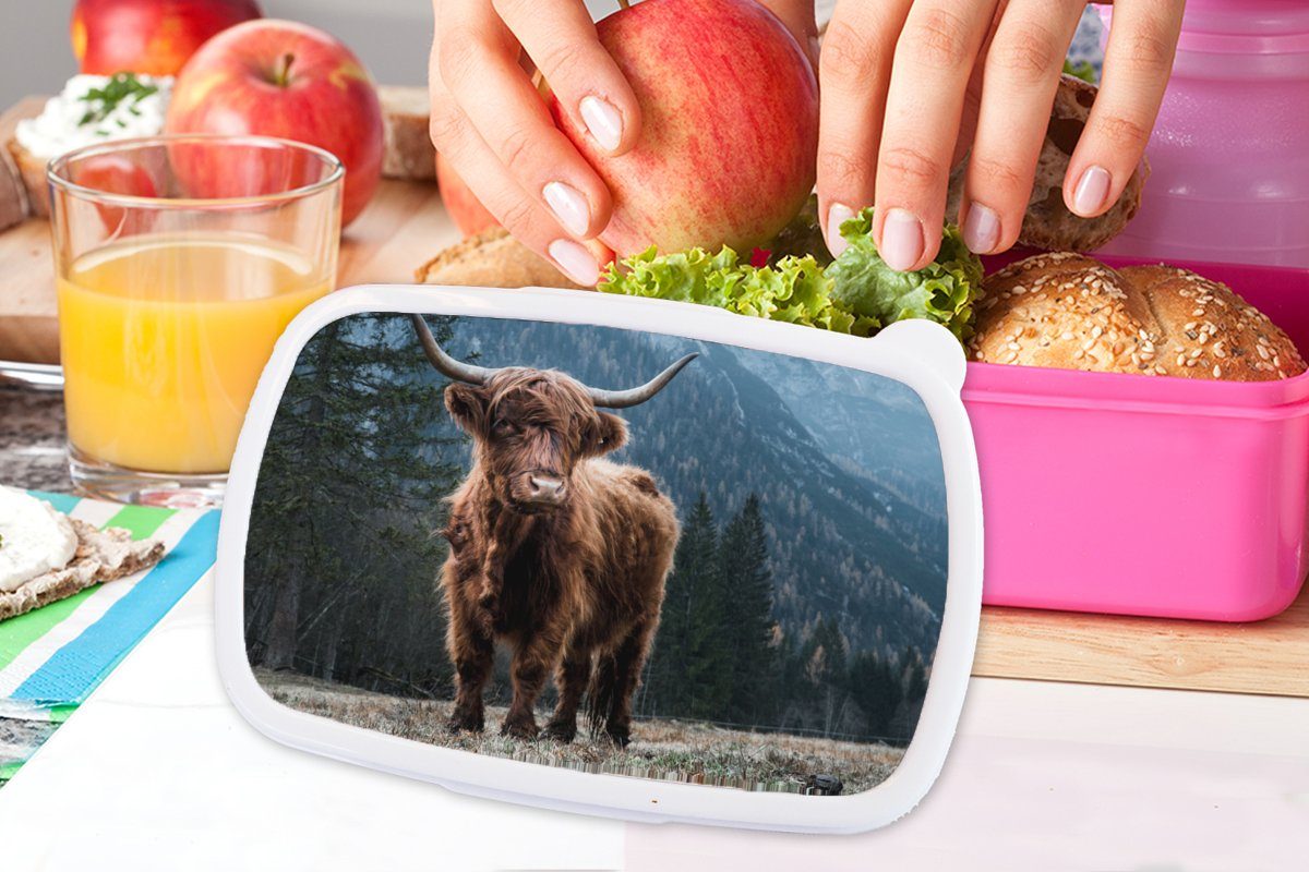 MuchoWow Lunchbox - Snackbox, Kunststoff - Kunststoff, Landschaft Schottische Brotbox - (2-tlg), Mädchen, Erwachsene, - Kuh Brotdose rosa Bäume für Berg Highlander Natur, - Kinder