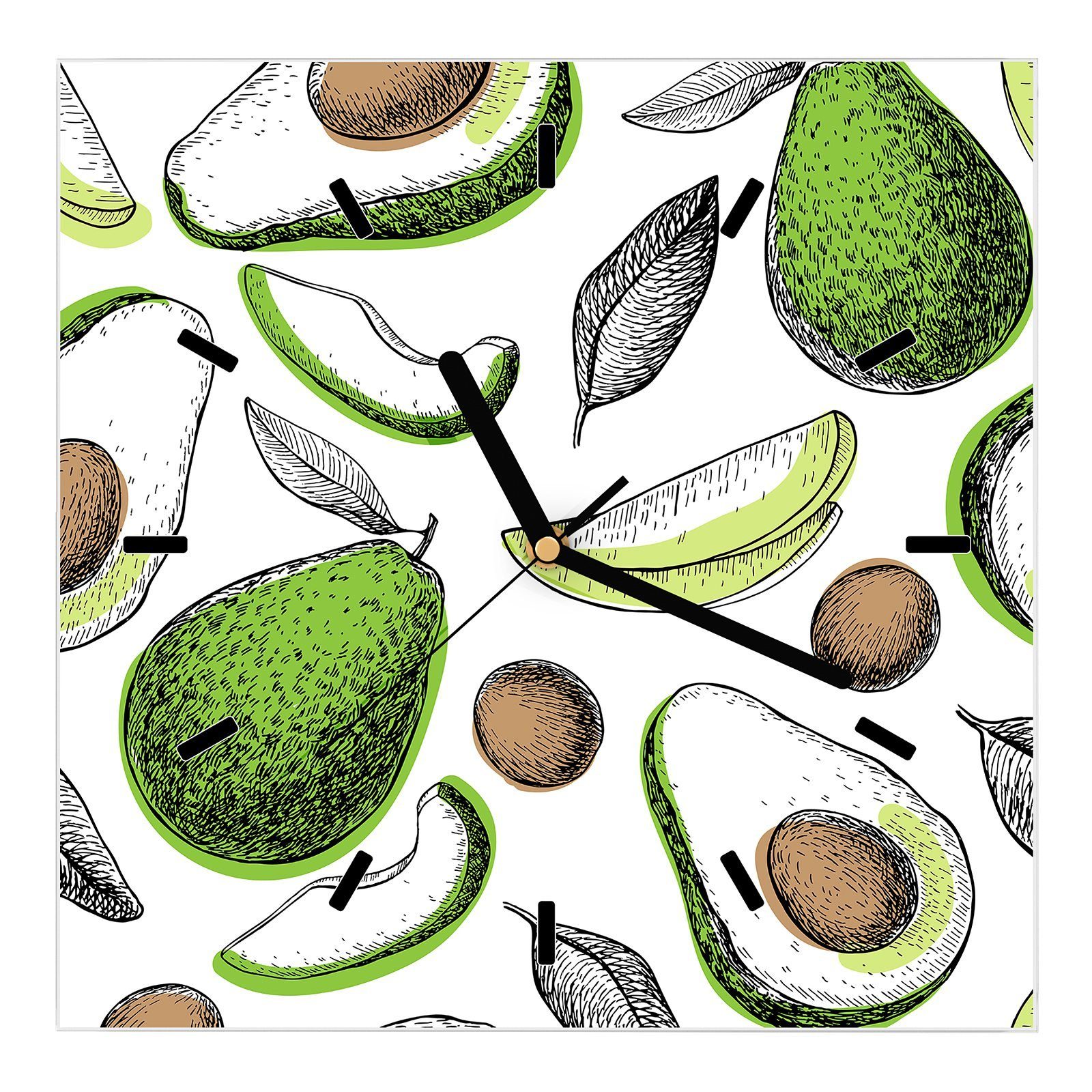 Primedeco Wanduhr Glasuhr Wanduhr Wandkunst Größe 30 x 30 cm mit Motiv Muster aus Avocado