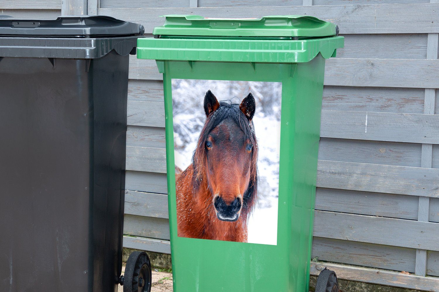 Pferd Abfalbehälter MuchoWow - Winter Schneeflocke Wandsticker Sticker, Mülleimer-aufkleber, Mülltonne, - Container, (1 St),