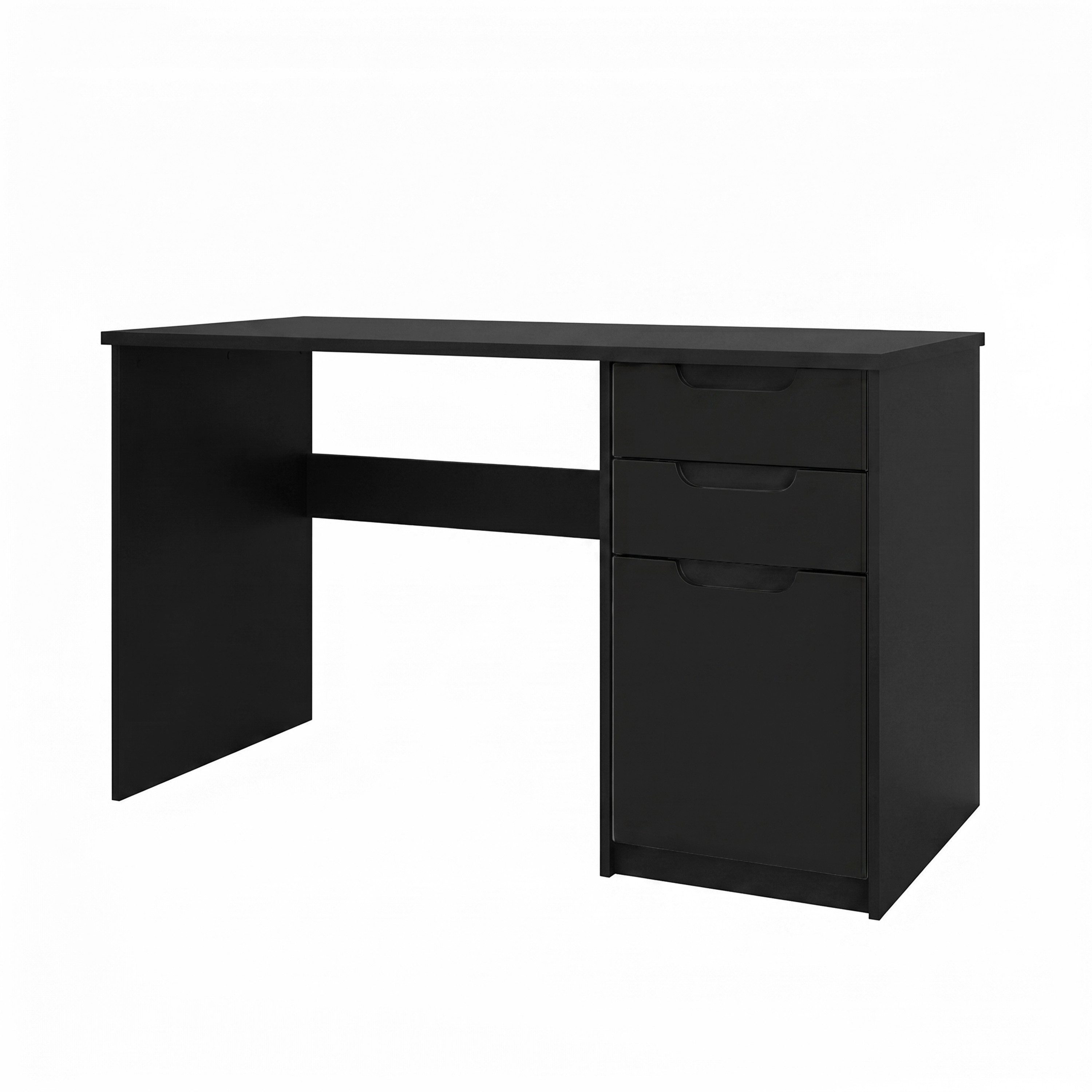Vladon Schreibtisch Logan (Bürotisch, mit 2 Schubladen und 1 Tür), Schwarz matt/Schwarz matt (129 x 76 x 60 cm)