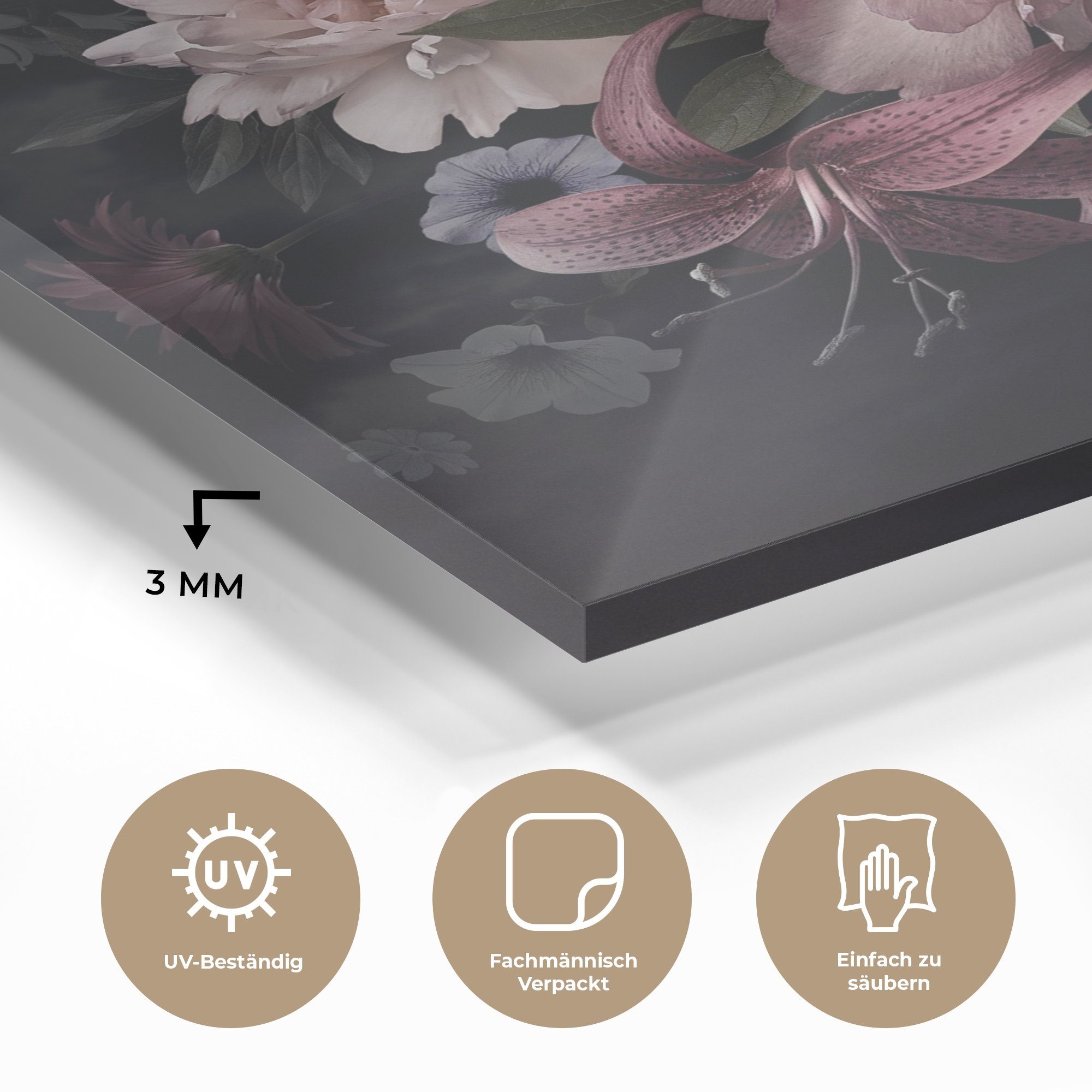 MuchoWow Acrylglasbild Blumen - Vintage - Pastell - Schwarz - Blumenstrauß, Inkl. Aufhängung, Bilder auf Glas Wandbild, Wanddeko Wohnzimmer Badezimmer, 20x20 cm – Bild 3 von 5