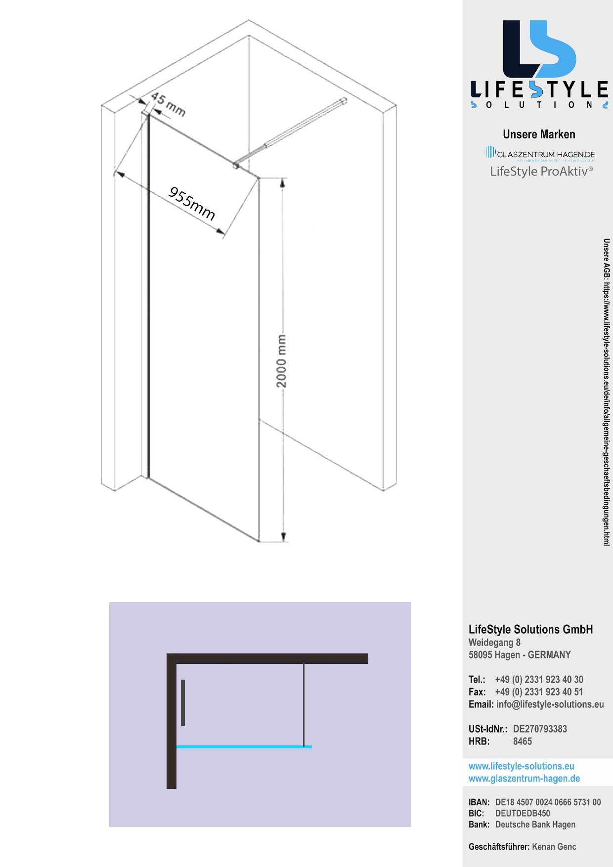 Thumbnail - Glaszentrum Hagen Walk-in-Dusche Glaszentrum Hagen - 100x200cm "EVA" Duschwand - Duschabtrennung Milchg