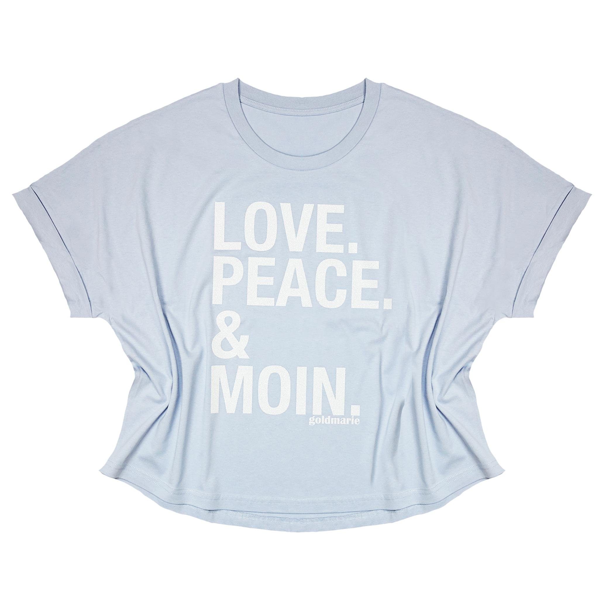 goldmarie T-Shirt LOVE PEACE MOIN Shirt Uschi eisblau mit Glitzer Baumwolle