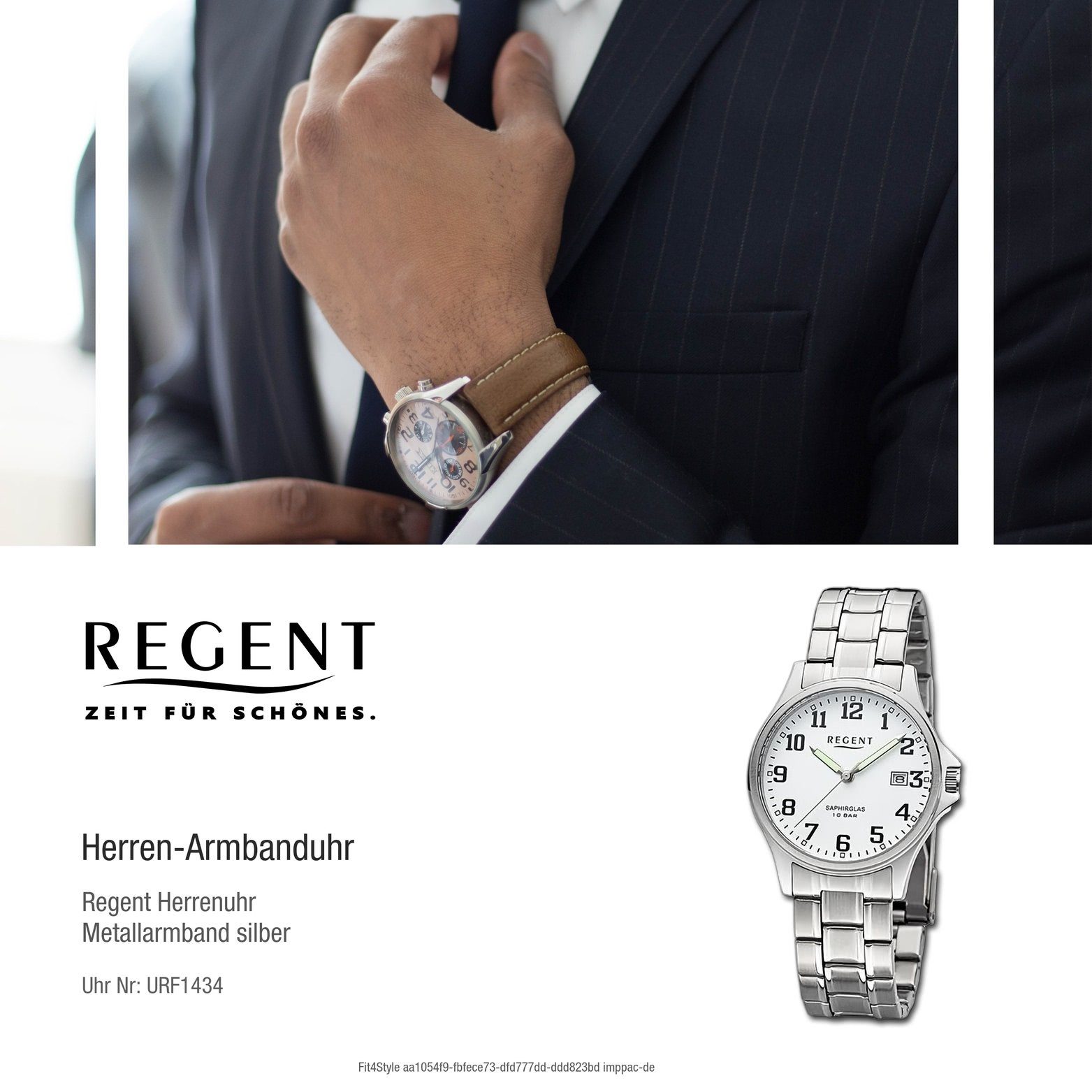 Regent Quarzuhr Regent Herren extra Gehäuse, silber, groß Herrenuhr 36mm) Armbanduhr Analog, (ca. Metallarmband rundes