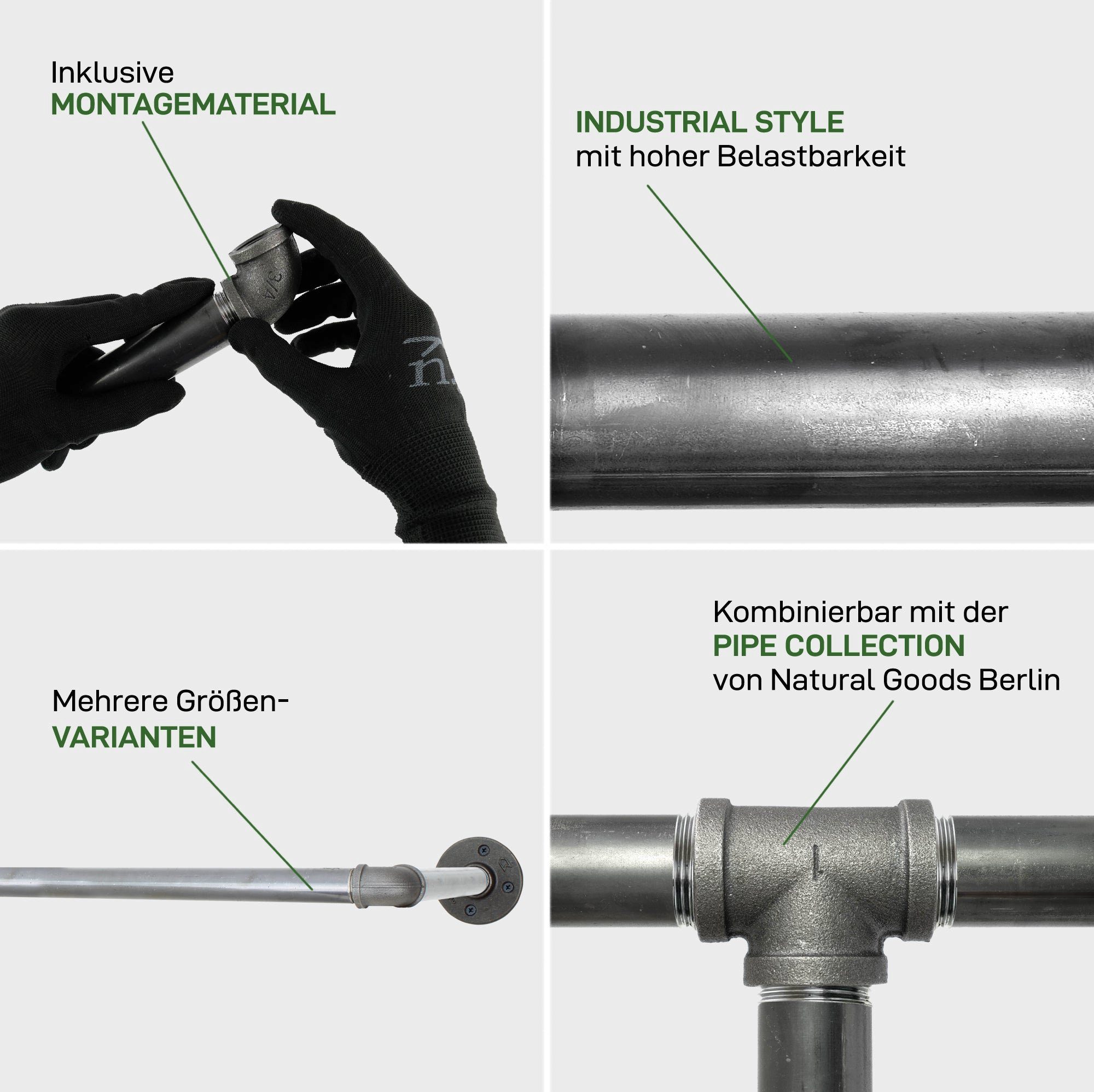 Natural Goods Berlin Garderobenstange Pipe GARD Corner, (1 St), Kleiderstange, Garderobenhalter, Hängegarderobe, Temperguss