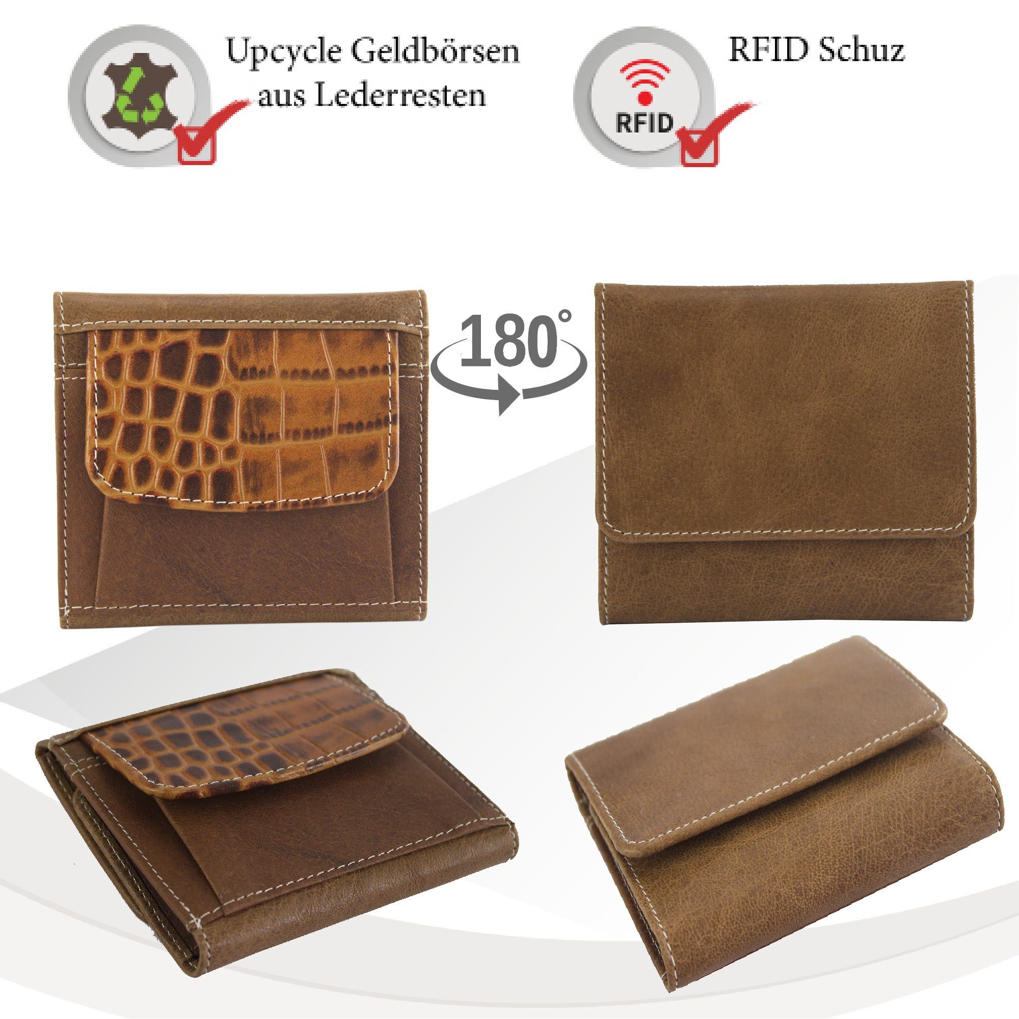 recycelten Brieftasche mit echt Sunsa aus Geldbörse Unisex Portemonnaie echt RFID-Schutz, Leder, Geldbeutel Lederresten, Leder klein Damen, braun