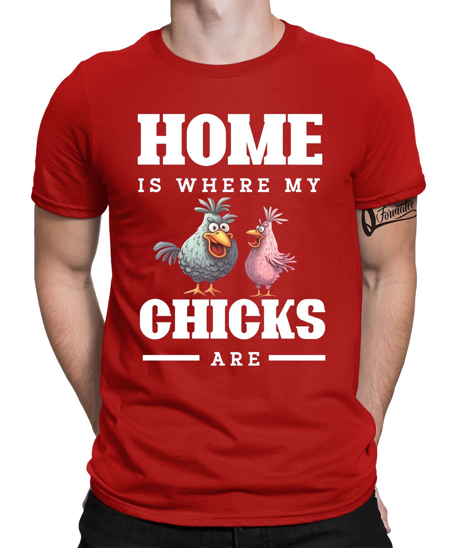 Chicken Kurzarmshirt Formatee Chicks Huhn Hühner Bauern Rot T-Shirt (1-tlg) Herren Hahn Home Quattro -