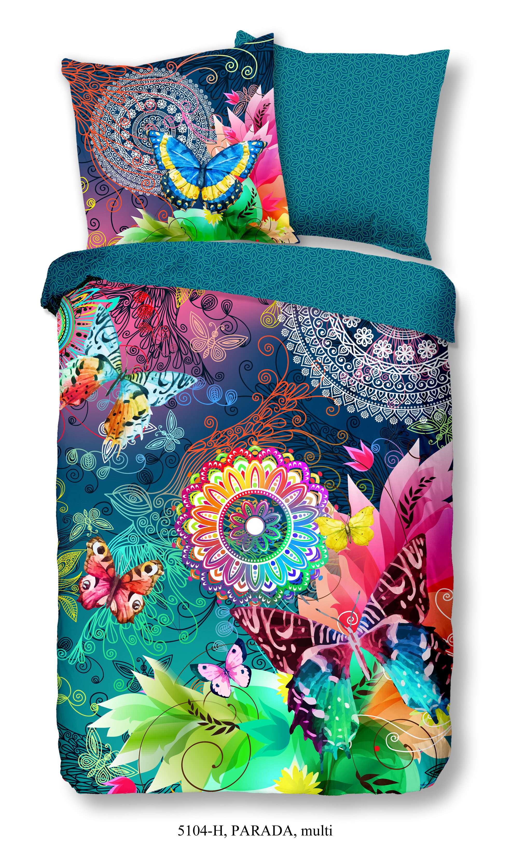 hip Wendebettwäsche Parada, Satin, 2 teilig, Satin, Reißverschluss, Wendeoptik, Mandala, Schmetterling, Bunt