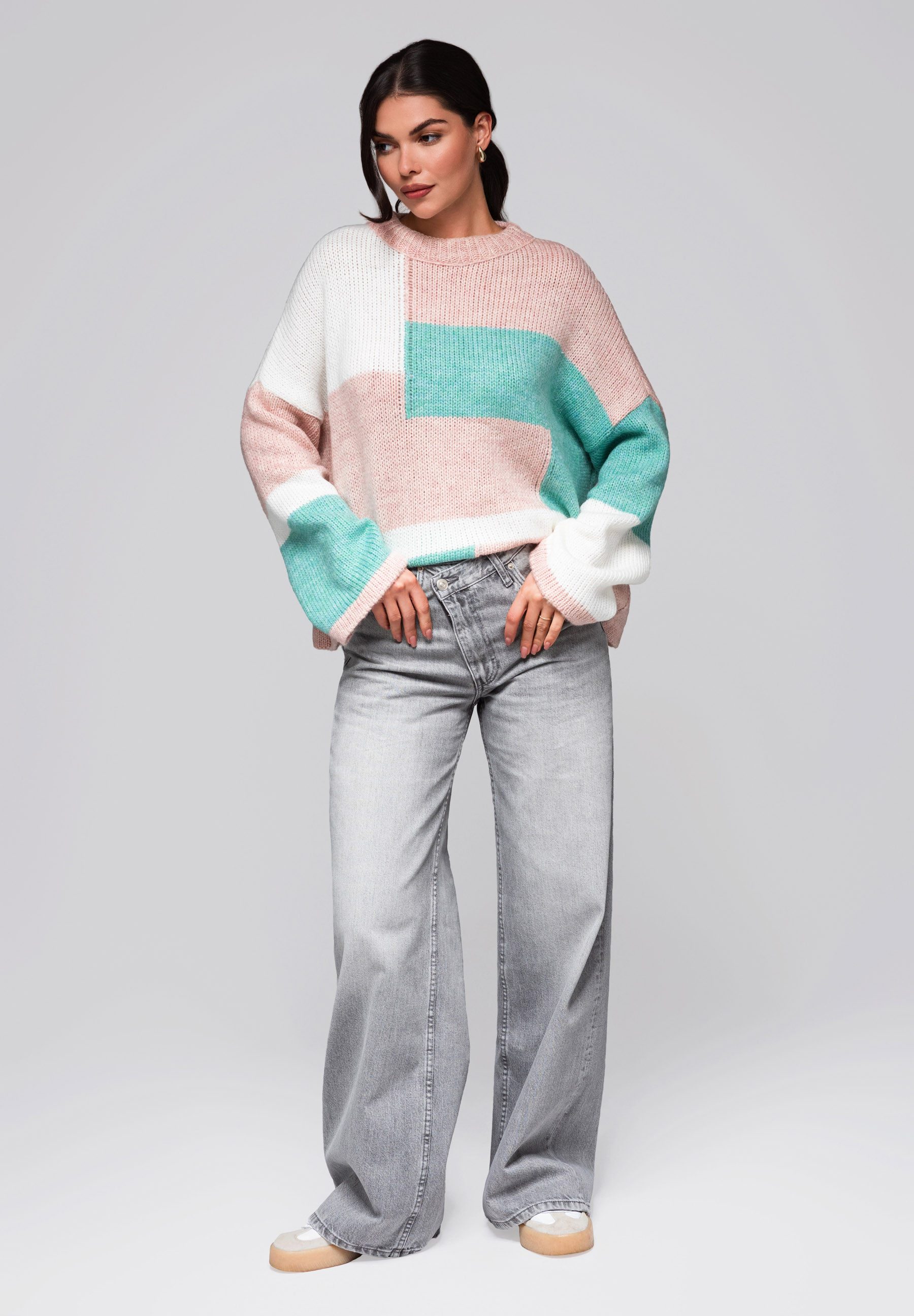 OMBRE Rundhalspullover Farbblock-Pullover mit Pastelltönen