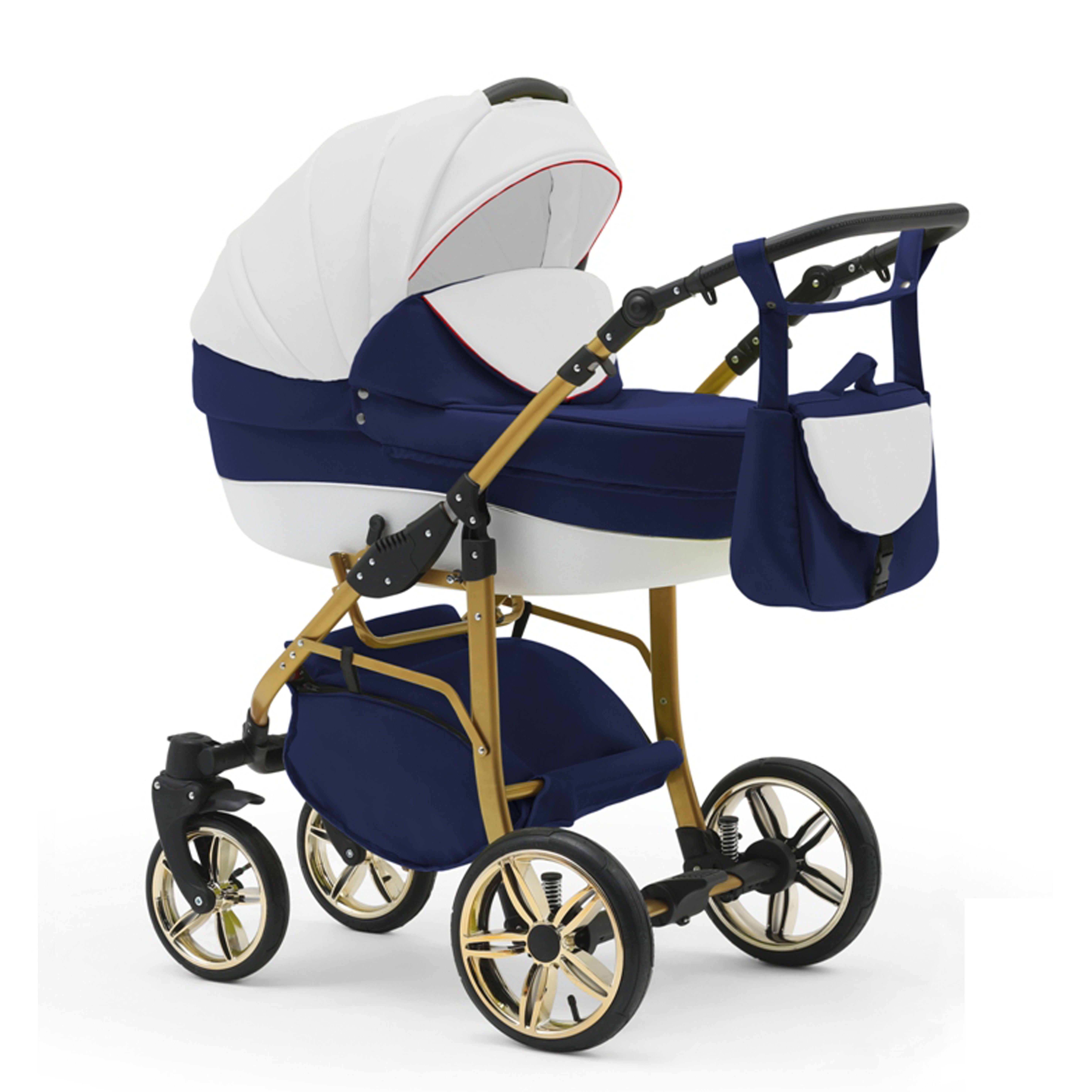 babies-on-wheels Kombi-Kinderwagen 2 in 1 Kinderwagen-Set Cosmo ECO Gold - 13 Teile - in 46 Farben Weiß-Navy-Weiß