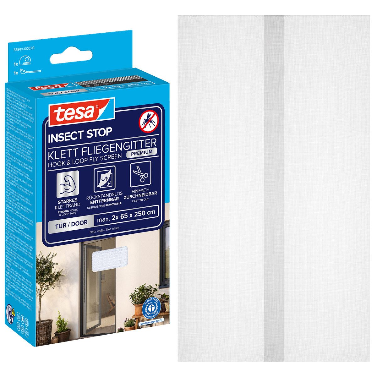 tesa Insektenschutz-Tür Insect Stop Comfort Fliegengitter für Türen - 1,3 m : 2,5 m, (Packung, 1-St., Fliegennetz, Klettband), Insektenschutzgitter Dachfenster - ohne Bohren - zuschneidbar