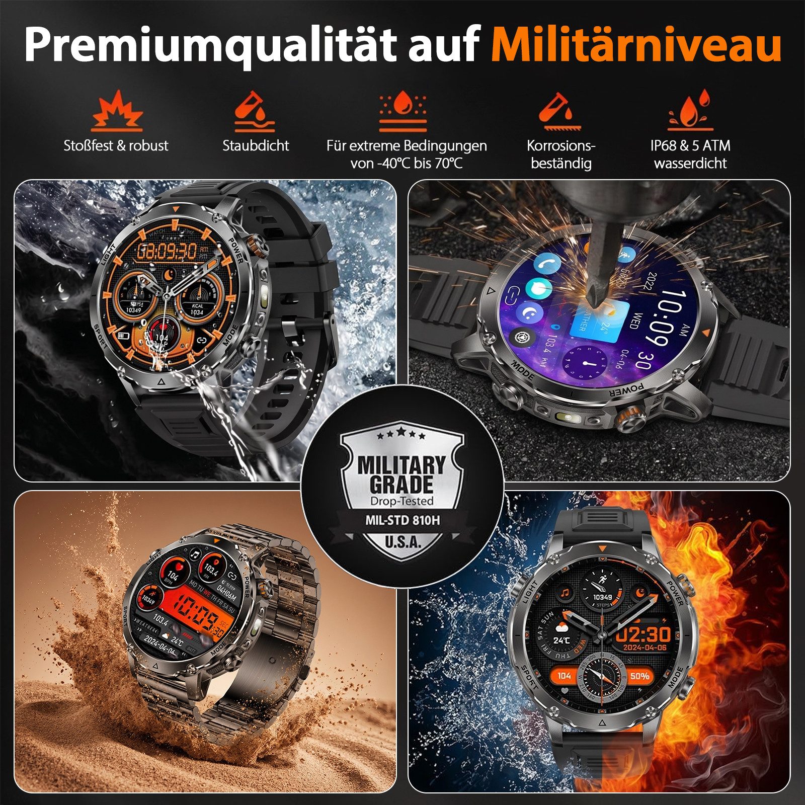 SWGOTA 2026 Smartwatch Herren 1800mAh Akku 1,85" AMOLED Militärstil Smartwatch (1,85 Zoll), IP68 & 5ATM, Fitnessuhr für Herren mit Edelstahl- und Silikonarmband – Bild 5 von 5