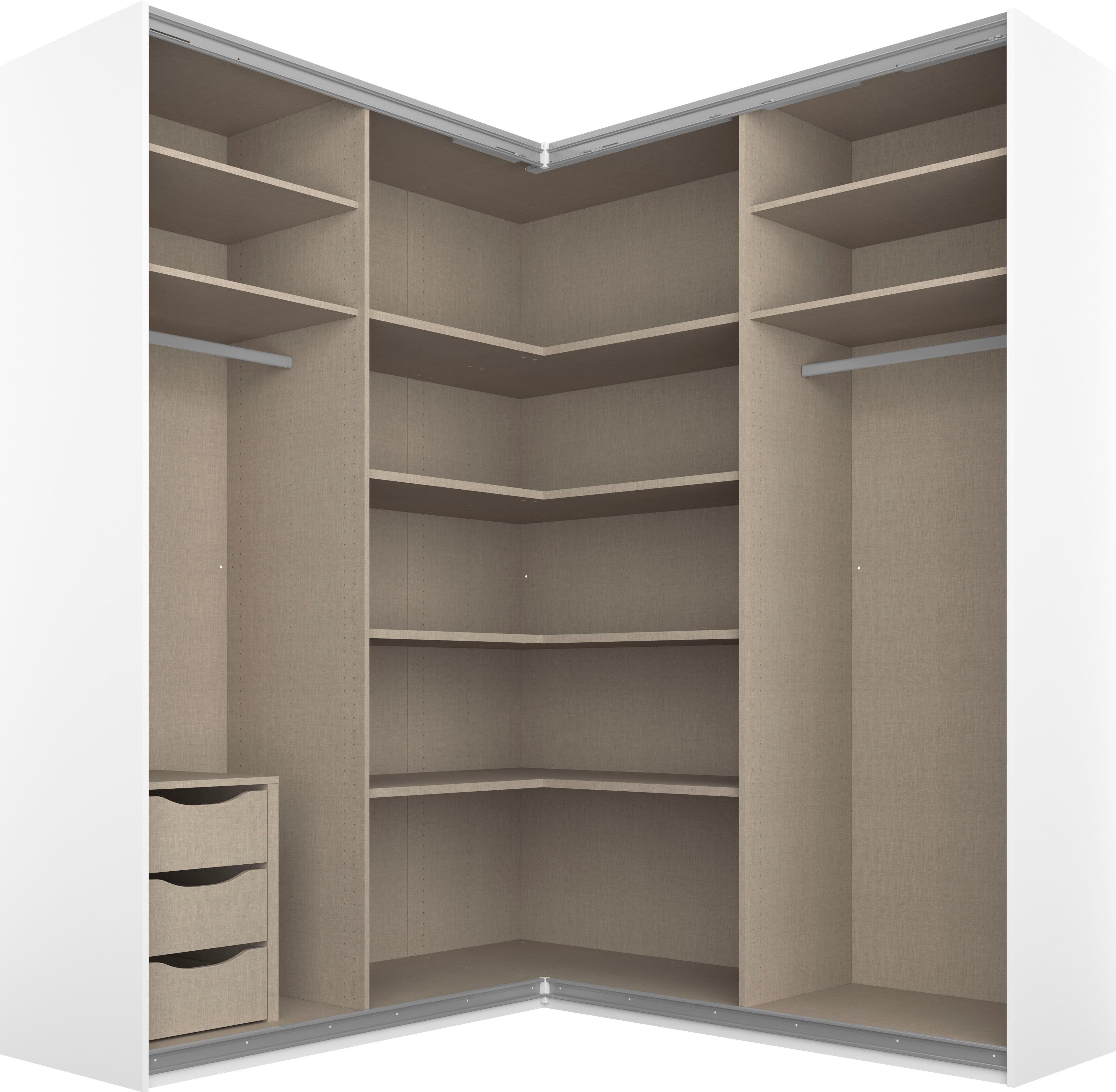 rauch Schwebetürenschrank Schrank Garderobe Eckkleiderschrank QUADRA Front in Dekor/Hochglanz (Maß 181x187 cm, Höhen 210/229 cm, inkl. Soft-Close-Funktion) extra großer Eckschrank inkl. Schubladeneinsatz MADE IN GERMANY