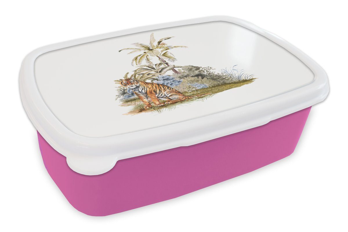 MuchoWow Tiger - Baum Erwachsene, Weiß, Brotdose rosa Kunststoff, - Kinder, Snackbox, für Lunchbox Brotbox (2-tlg), Mädchen, Kunststoff