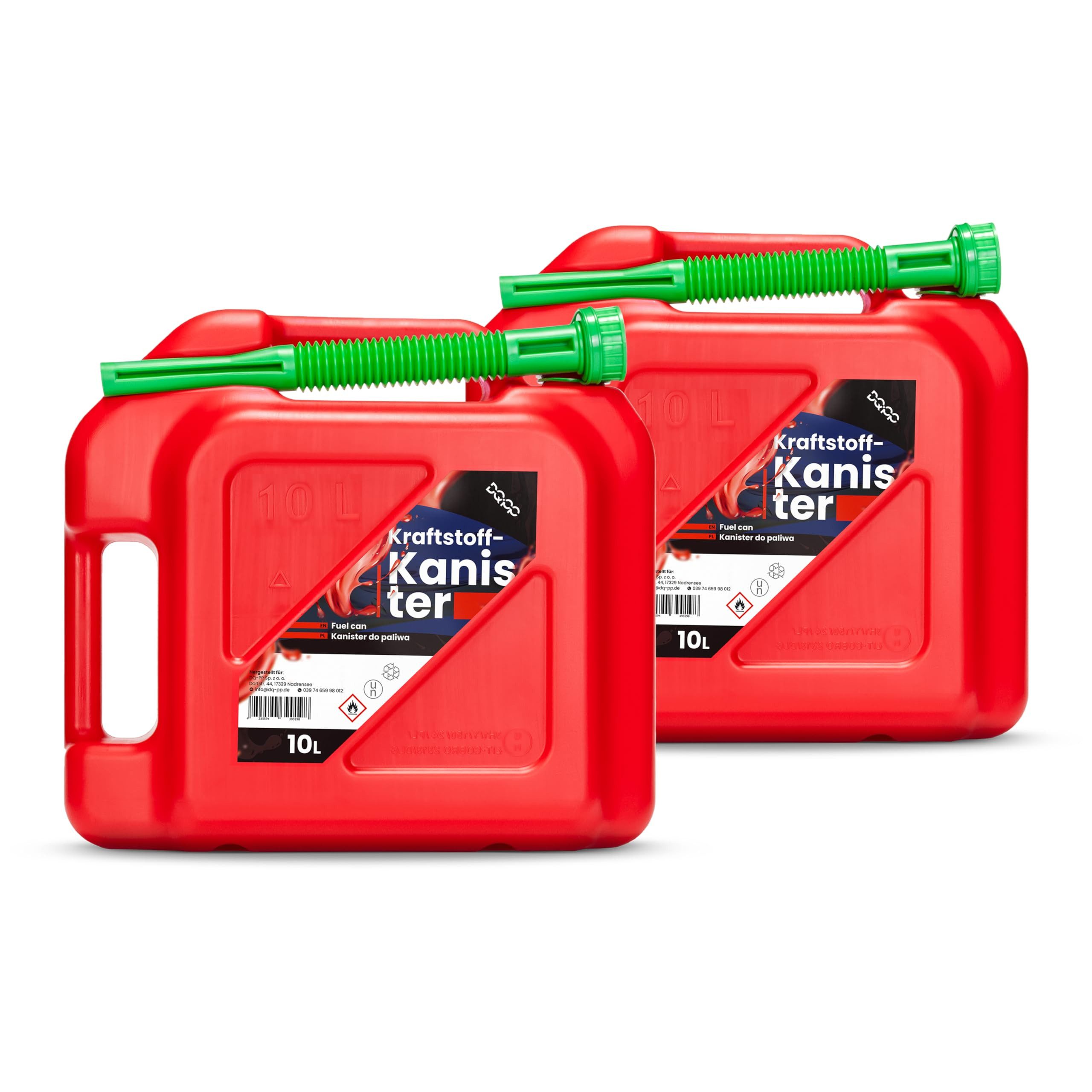 DQ-PP Benzinkanister DQ-PP 2x Kraftstoffkanister mit flexiblem Ausgießer, 10 Liter, Rot, Benzinkanister, Reservekanister, UN-Zulassung Dieselkanister