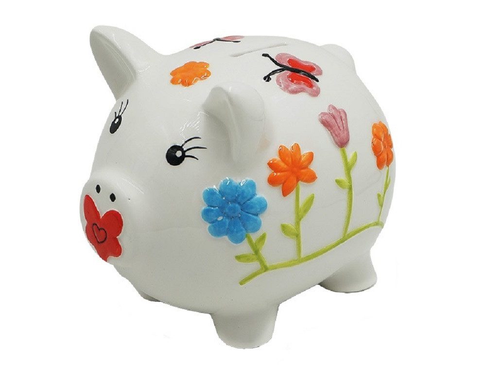 Euro Souvenirs Dekofigur Schwein / Sparschwein mit bunten Blumen und Schloß, Glücksschweinchen (1 St), Ideal als Geschenk