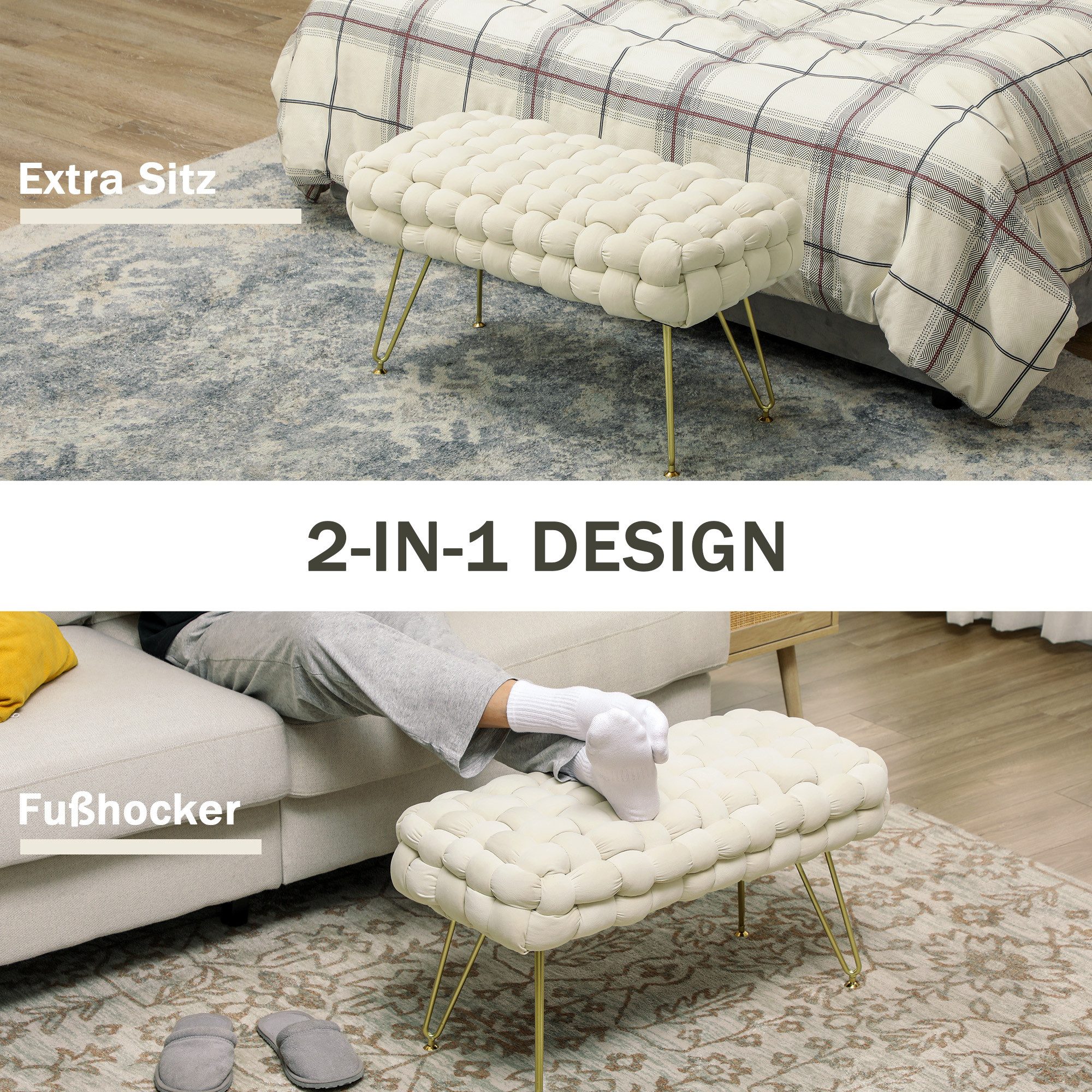 MC Star Polsterbank Sitzhocker, mit Samtoptik, Fußbank mit gepolstertem Sitz, Metallbeine (Fußstütze, für Wohnzimmer, Schlafzimmer, 76 x 38 x 41,5 cm, Cremeweiß)