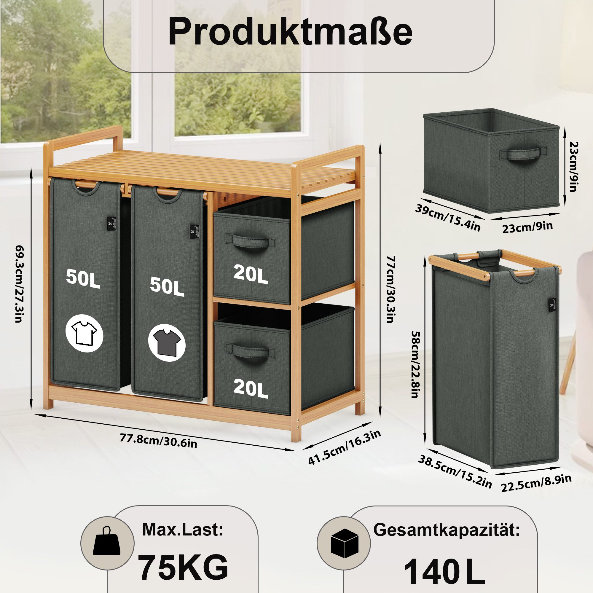 AdelDream Wäschekorb AdelDream 140L Wäschekorb mit Korb und Ablagen
