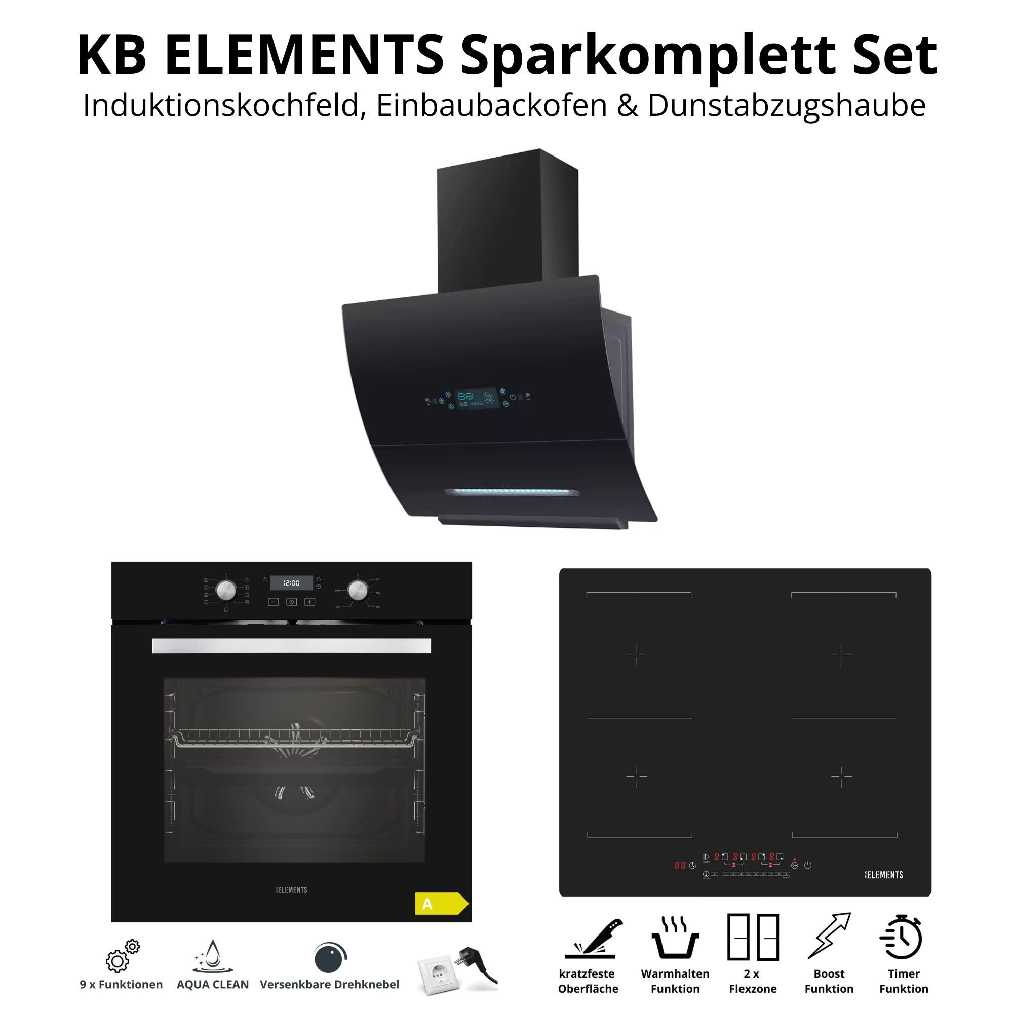 KB Elements Induktions Herd-Set Kratzfestes Induktion 60 cm mit Einbaubackofen 60 cm, Air Fry, Steam Clean, 2 Flexzonen & AntiScratch-Oberfläche