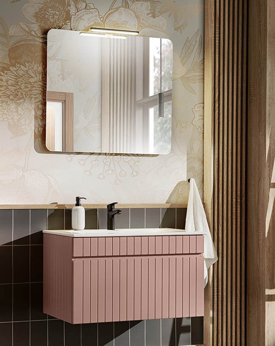 einfachgutemoebel Waschtisch-Set Badezimmer ROSINA 80cm Set 2tlg., Keramik Einbaubecken, rosé-weiß, (Badmöbel Set, 1-St., Waschtisch Set)