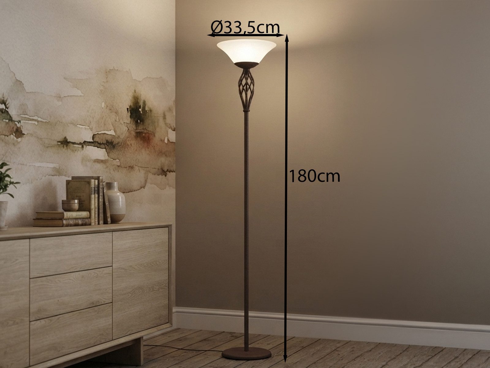 TRIO Leuchten LED Deckenfluter Rostoptik mit Glasschirm, Höhe 180cm, dimmbar, LED wechselbar, Warmweiß, große Stehlampe Landhausstil, Wohnzimmer Lampe stehend i – Bild 3 von 5