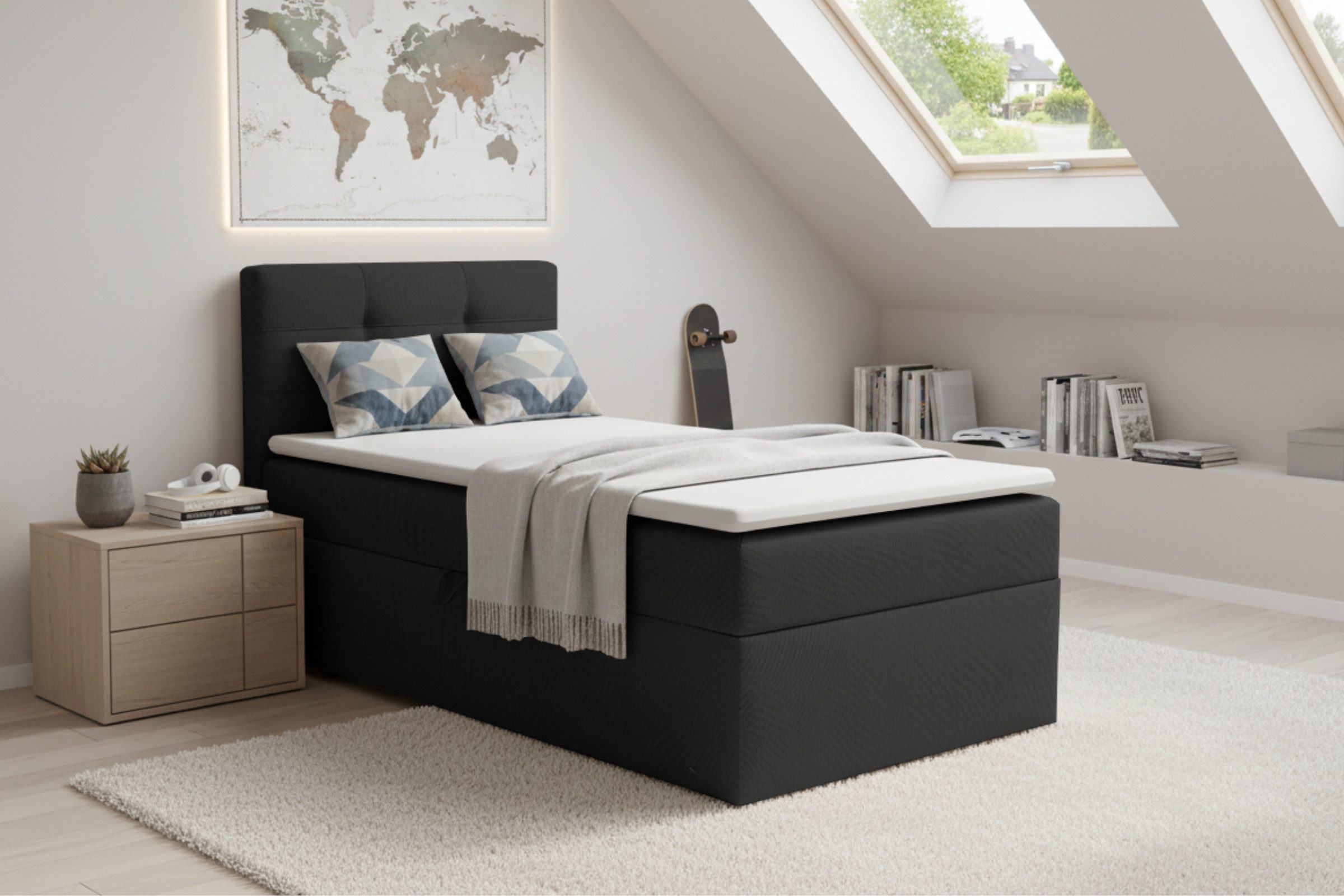 Deine Möbel 24 Boxspringbett FLO Boxbett Einzelbett Polsterbett Jugendbett (Beige Hellgrau Grau Anthrazit Schwarz, 2-St., Bonellfederkernmatratze H3 Taschenfederkernmatratze H4), 90x200 100x200 Veloursstoff