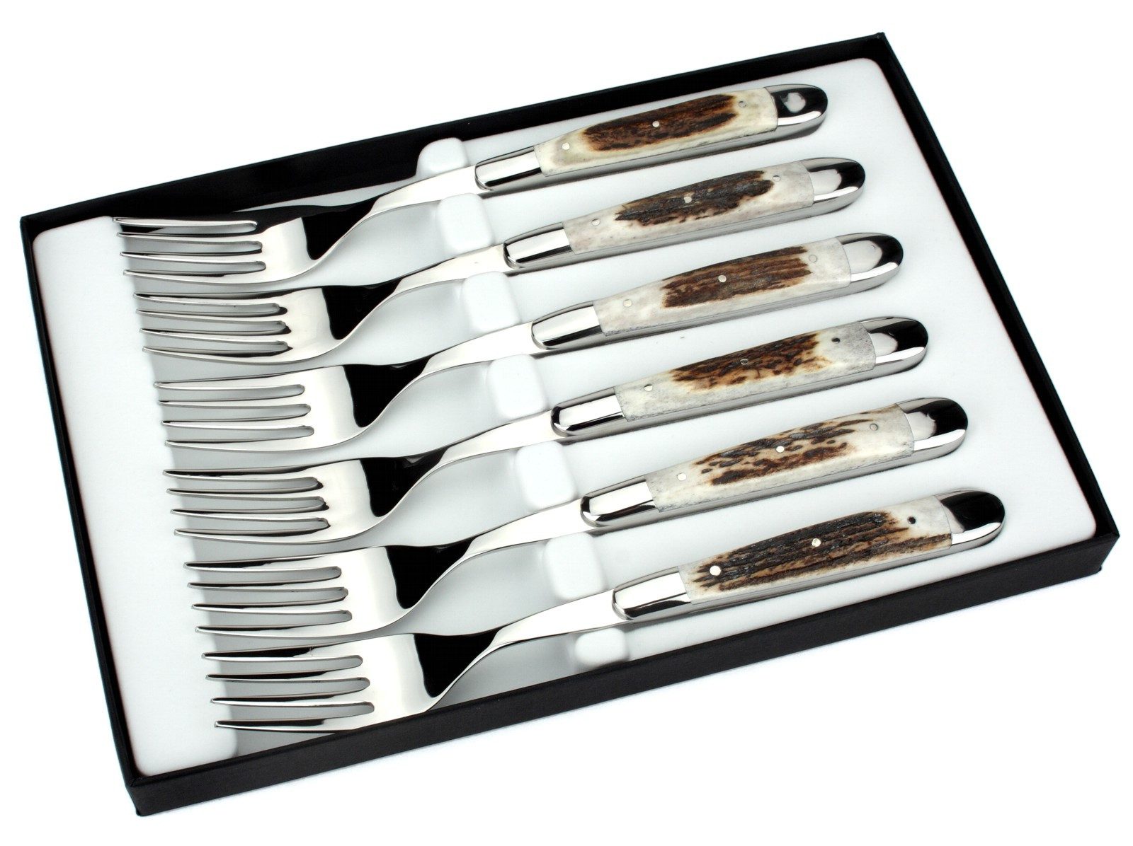Forge de Laguiole Steakbesteck FE6 2M IN CF BRI, 6 Gabeln - Griff Hirschhorn - Stahl glänzend