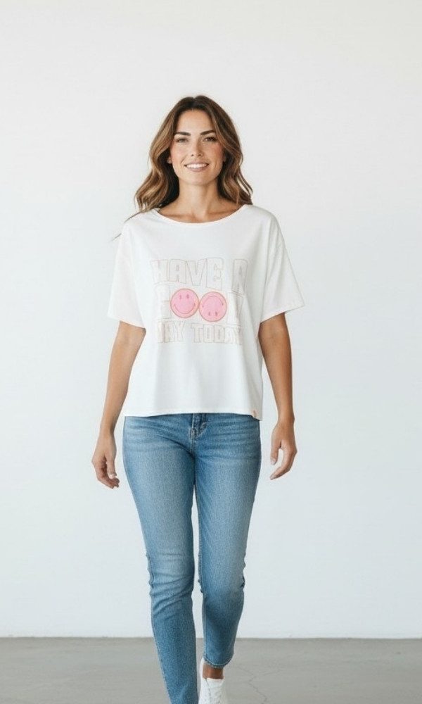 The Shirt Project Kurzarmshirt „Have a good day today“ mit Smiley-Details aus funkelnden Pailletten