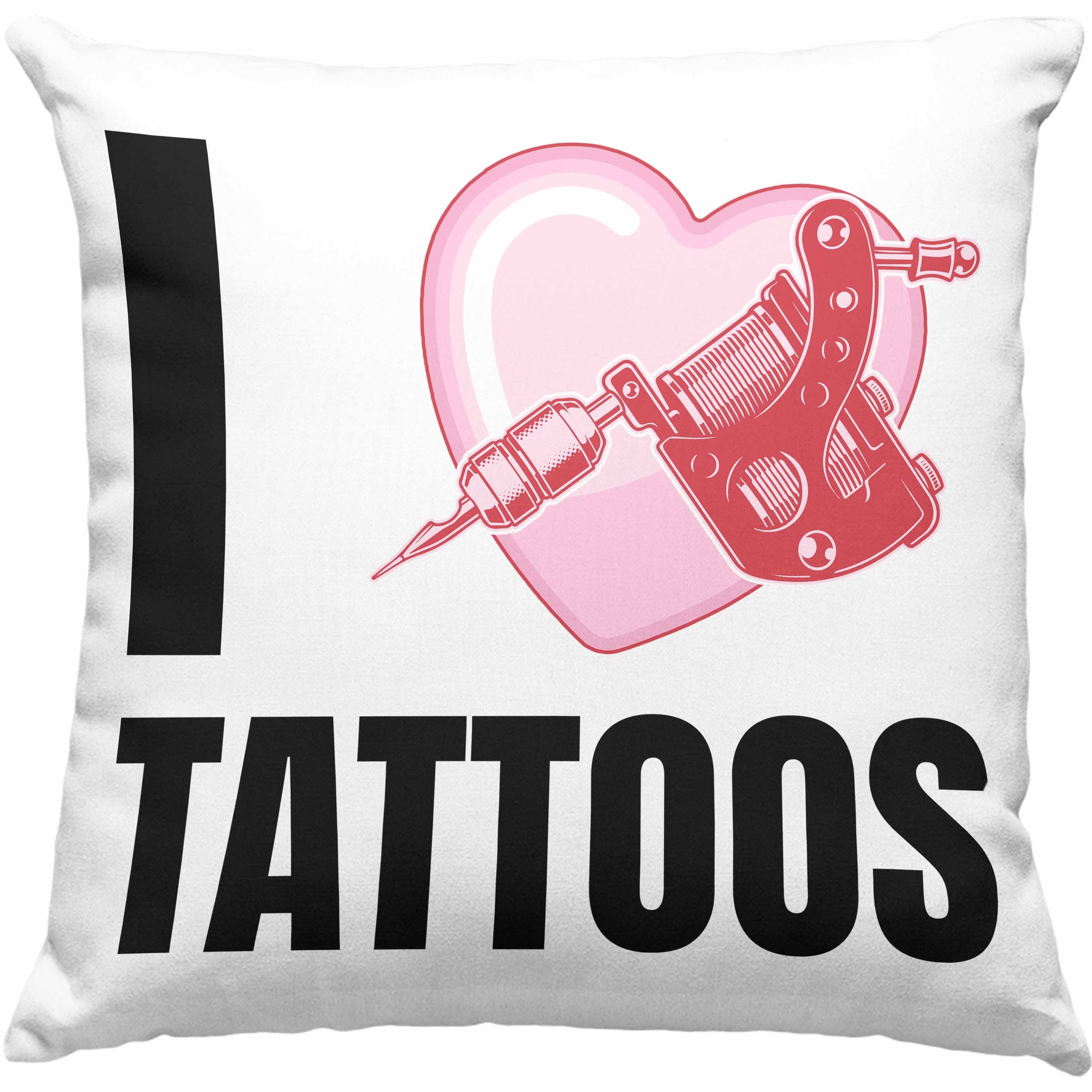 Trendation Dekokissen Trendation - I Love Tattoos Kissen Geschenk Tattoowiererin Tattoowierer Geschenkidee Spruch Männer Frauen Dekokissen mit Füllung 40x40 Rosa