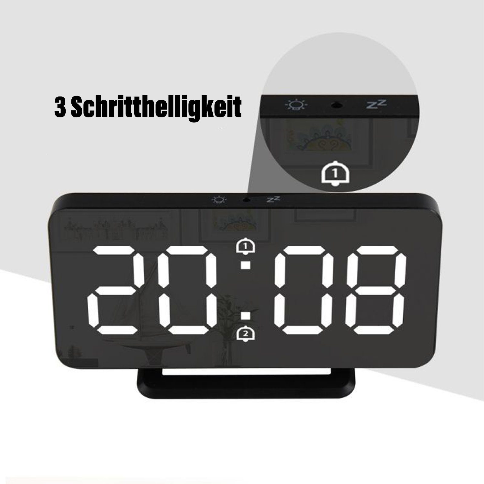 Wecker LED-Spiegel-Wecker Bett, Wecker, CALIYO Automatische Digitaler Wecker mit Helligkeitsanpassung Am USB-Ladeanschlüssen,
