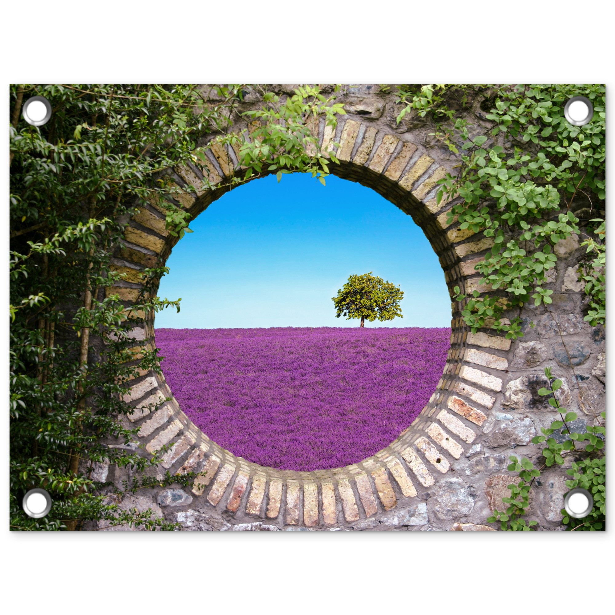 OnlyWow Poster für Garten Lavendel - Ausblick - Blumen - Sommer, Gartenposter, Outdoor Bilder, Gartendekoration Bild, 40x30 cm