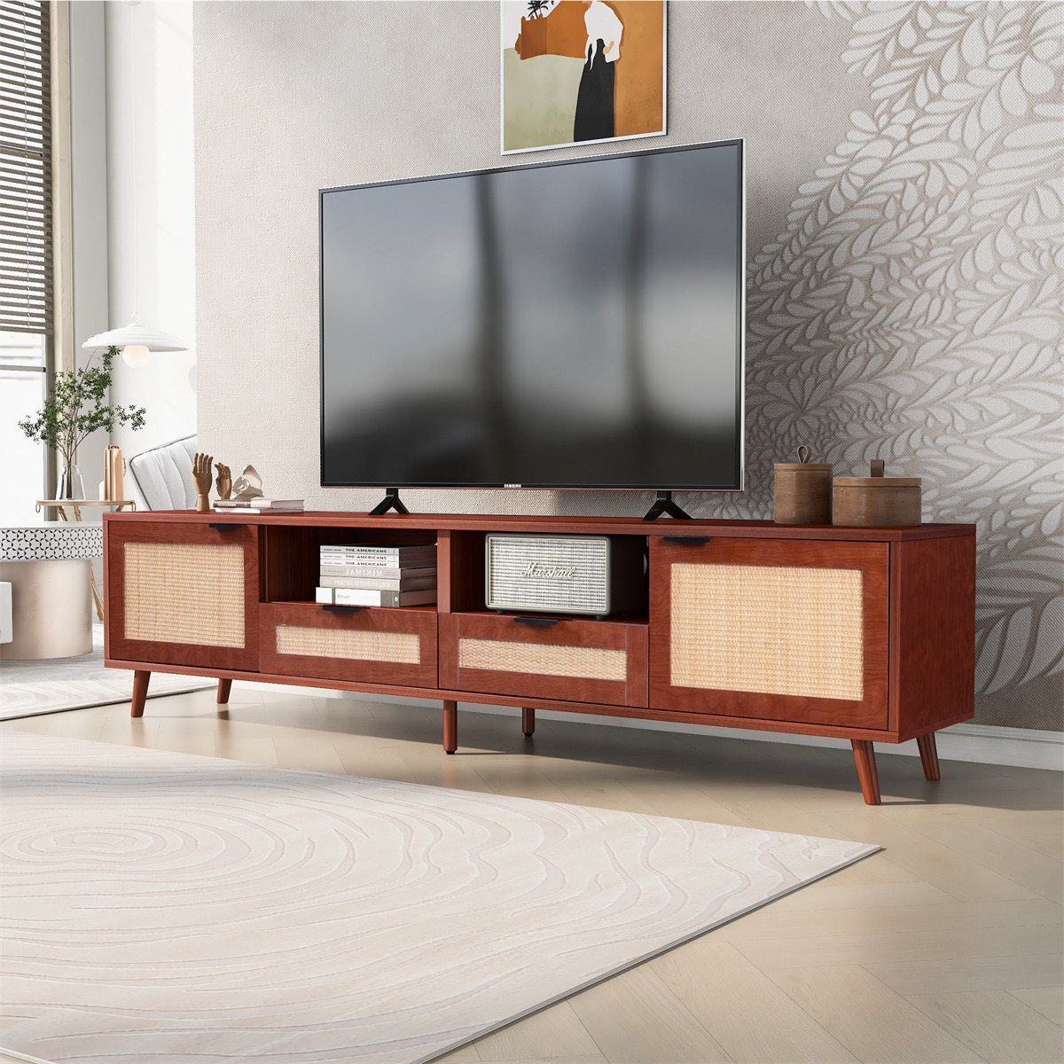 XDeer Rattandesign TV-Schränke,Holz-TV-Schrank(Braun,200*37*49cm) Echtholzfüßen Stabiler TV-Schrank Hochwertiger und TV-Ständer,mit