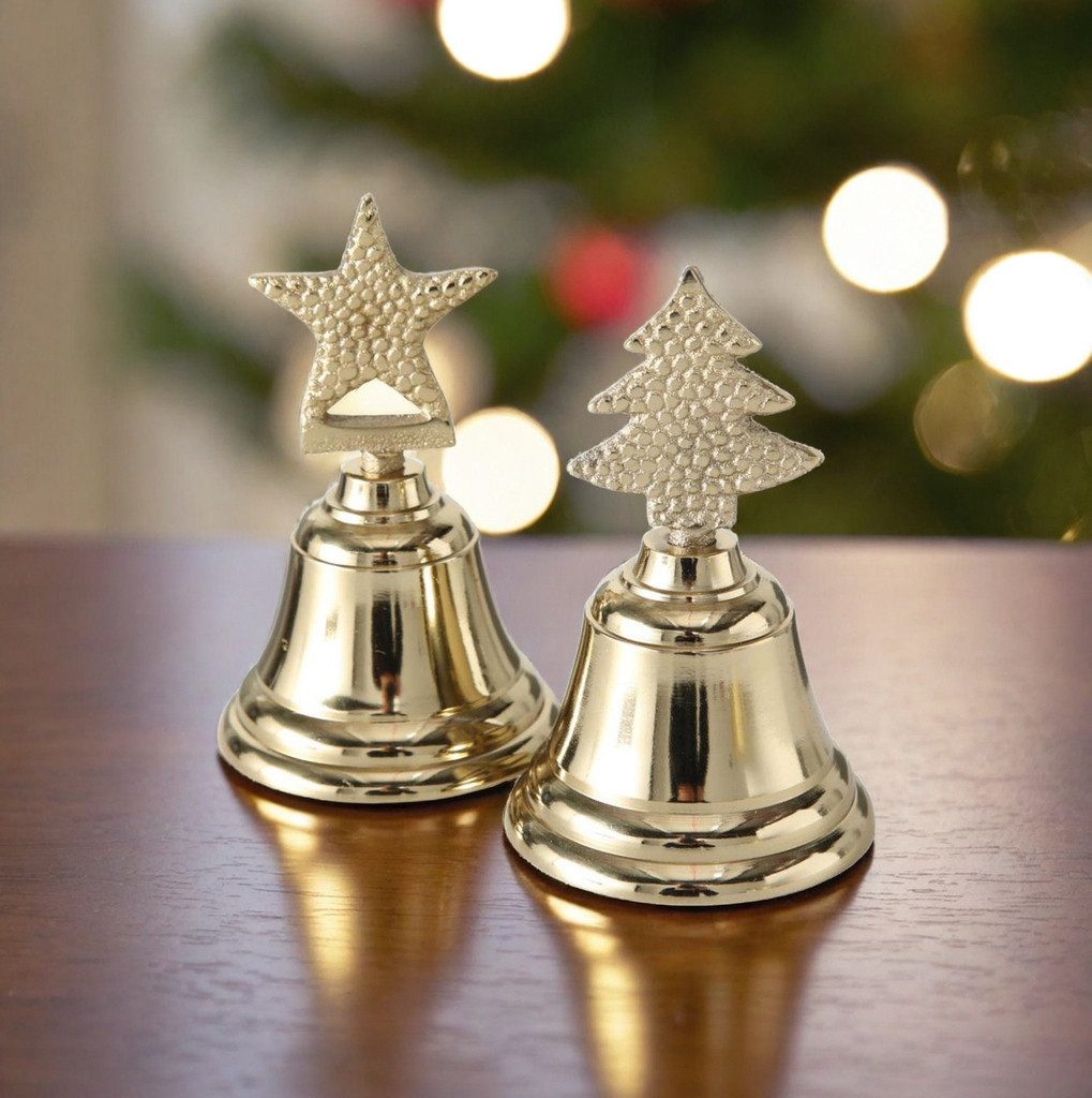 BOLTZE Dekoobjekt Metall Tischglocke 2er Set, Gold Stern & Weihnachtsbaum H11 cm, Ø7 cm