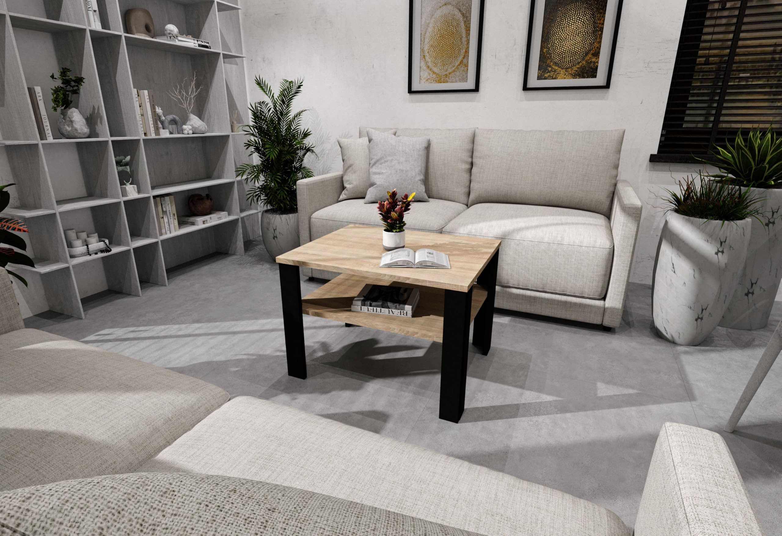 TREND WERK Couchtisch mit zusätzlicher Ablagefläche in 53×53×47 cm und 92×50×45 cm (Moderner Wohnzimmertisch im Retro Loft Design), Stabiler Beistelltisch für W – Bild 4 von 5