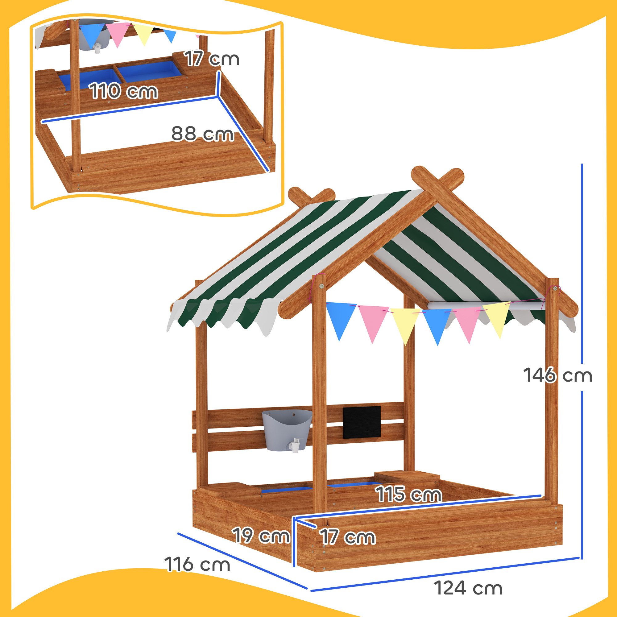 Outsunny Sandkasten Sandkiste mit Dach, aus Holz mit Sitzplatz, Garten, grün, (Spielhaus, 1-tlg., Sandbox mit Tafel), für 3-7 Jahre Kinder, 124 x 116 x 146 cm