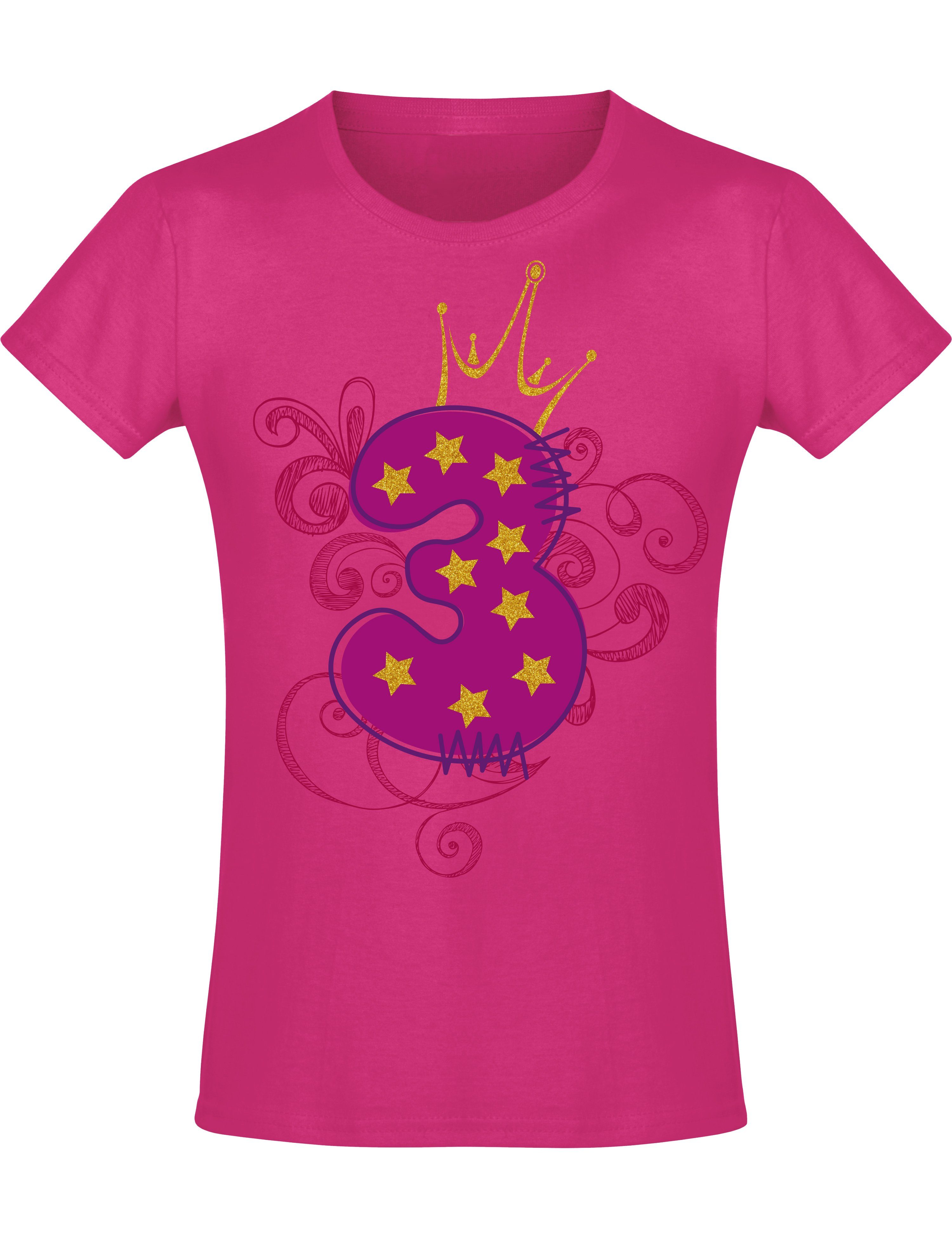 Baddery Print-Shirt Geburstagsgeschenk für Mädchen : 3 Jahre mit Krone, hochwertiger Siebdruck, aus Baumwolle