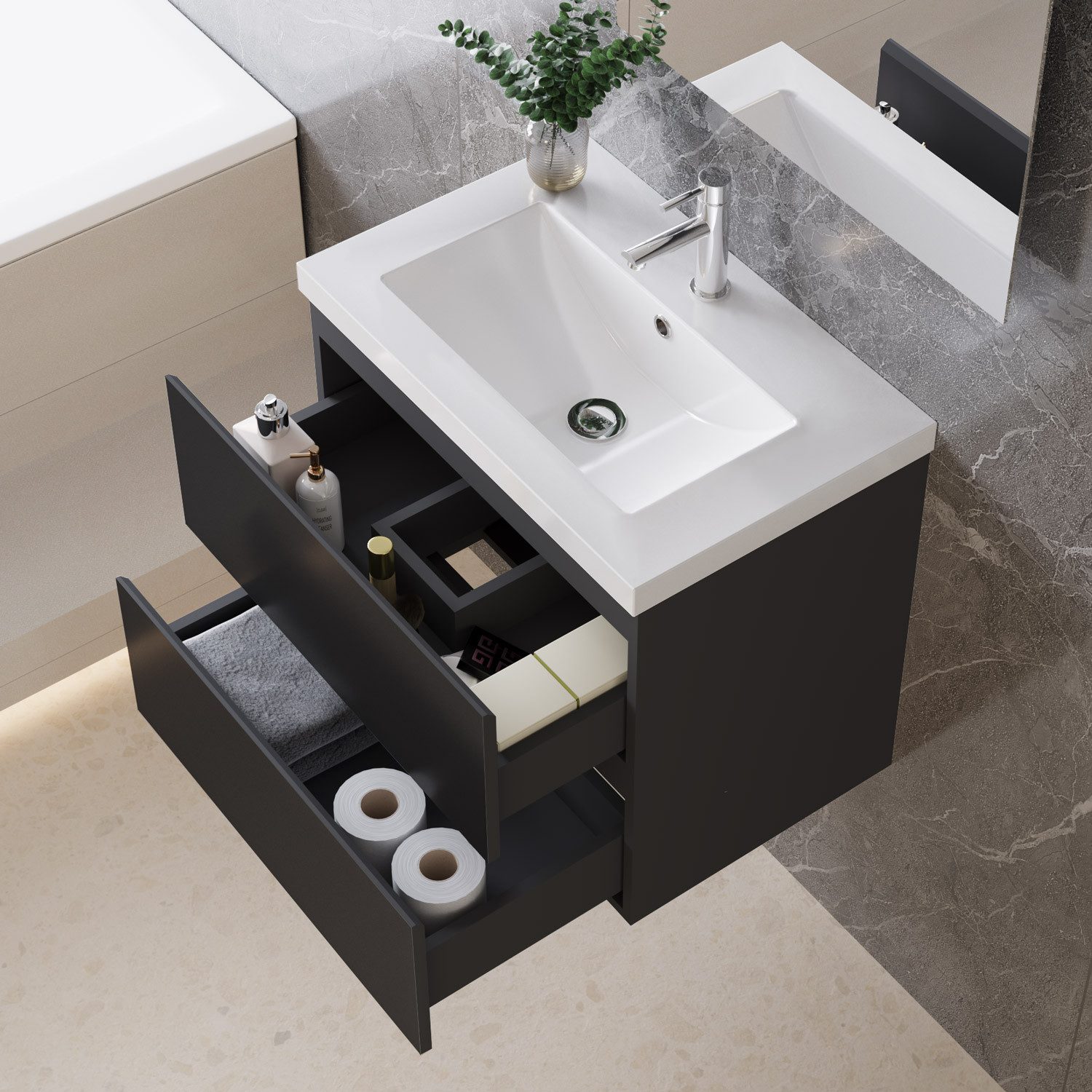 duschspa Waschtisch Waschbecken mit Unterschrank Badmöbel Set Badschrank Waschplatz, Hochglanz, 50-120cm