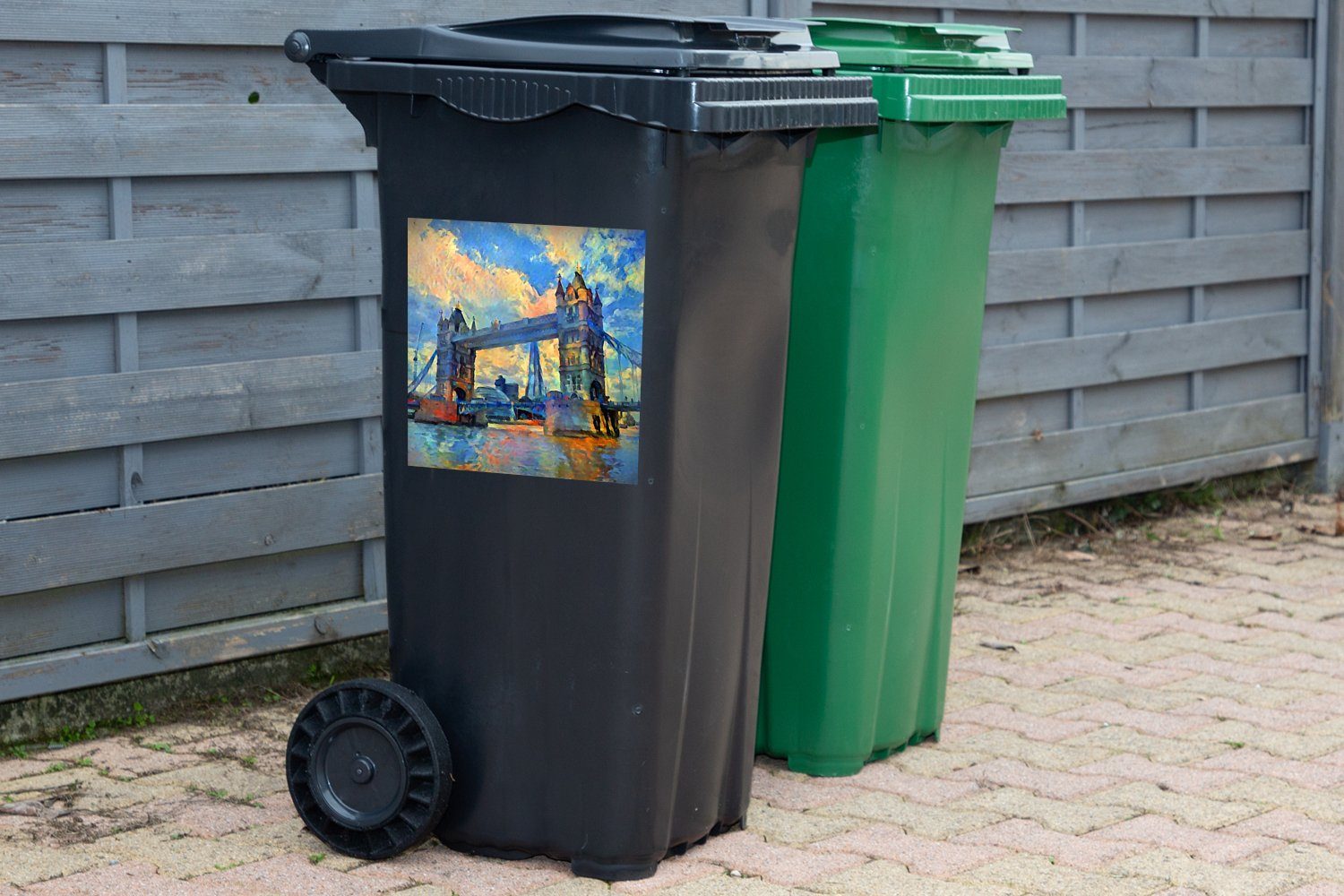 MuchoWow Wandsticker Gemälde - Container, Mülltonne, - Mülleimer-aufkleber, - Öl St), Brücke London Sticker, (1 Abfalbehälter