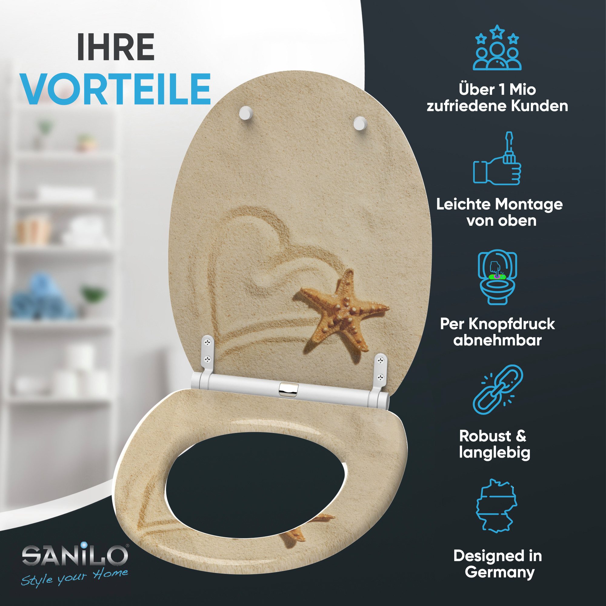 Sanilo WC-Sitz Sandy mit Absenkautomatik & Quick Release, Premium Toilettendeckel, abnehmbar, leichte Montage von oben