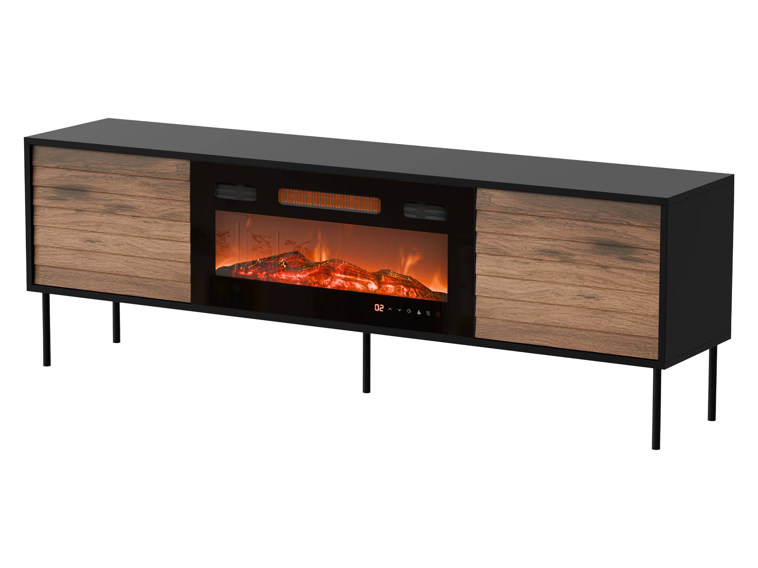 MIRJAN24 TV-Schrank Cortina 180 mit Elektrische Kamin (mit zwei Drehtüren) Schwarze Stahlfüße, Realistische LED-Flamme