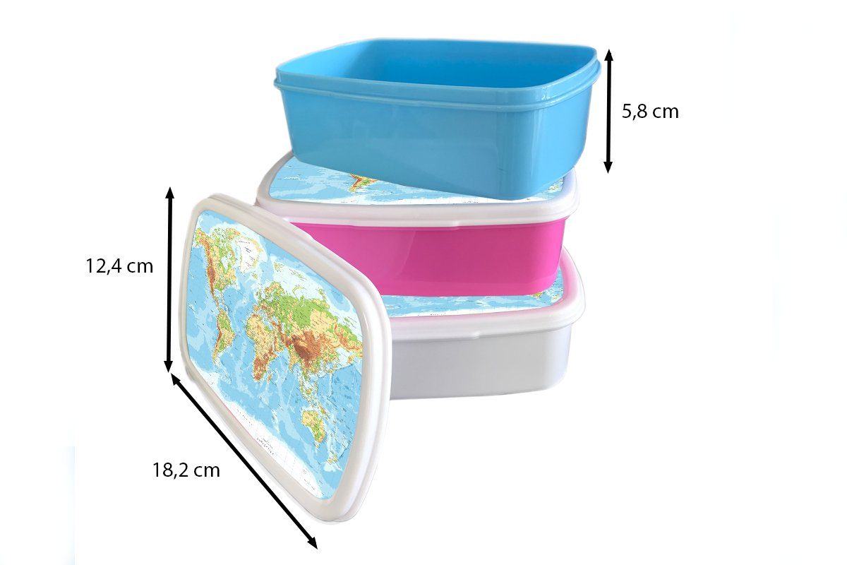 und MuchoWow Kunststoff, weiß und Brotbox für für Atlas Lunchbox (2-tlg), Weltkarte - Brotdose, Topographie, Mädchen Erwachsene, Kinder - Jungs