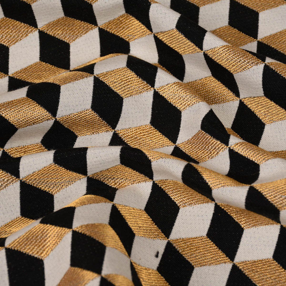 LEBEN. gold LEBEN. schwarz handmade Jacquard Tischläufer SCHÖNER ecru, Würfel 3D Tischläufer SCHÖNER