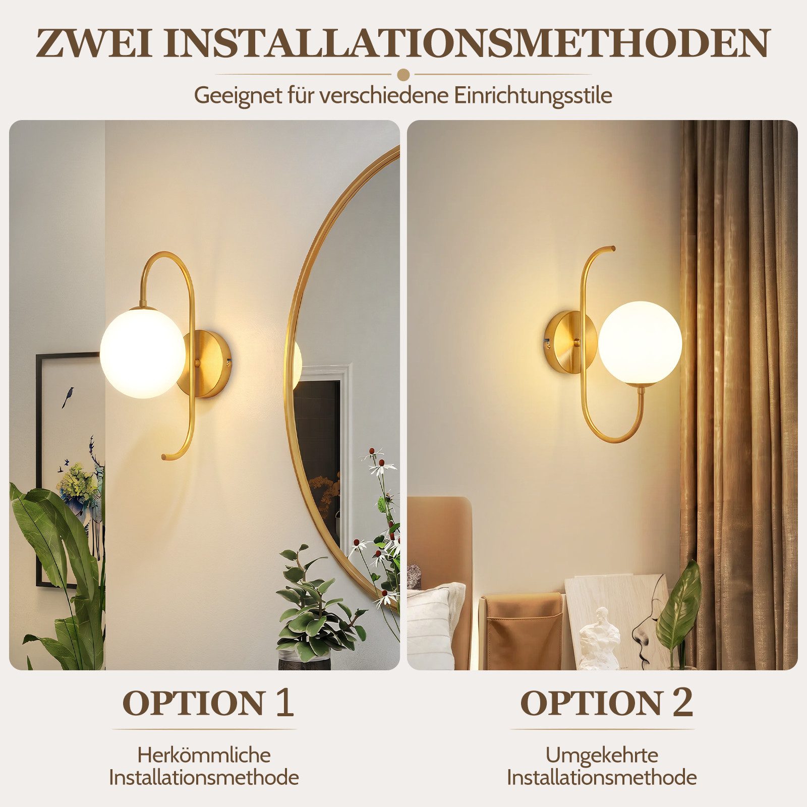 Nettlife Wandleuchte Gold Glaskugel 24cm G9 Vintage Wandbeleuchtung aus Metall, ohne Leuchtmittel, für Wohnzimmer Flur Schlafzimmer Dekorative Wandlampe