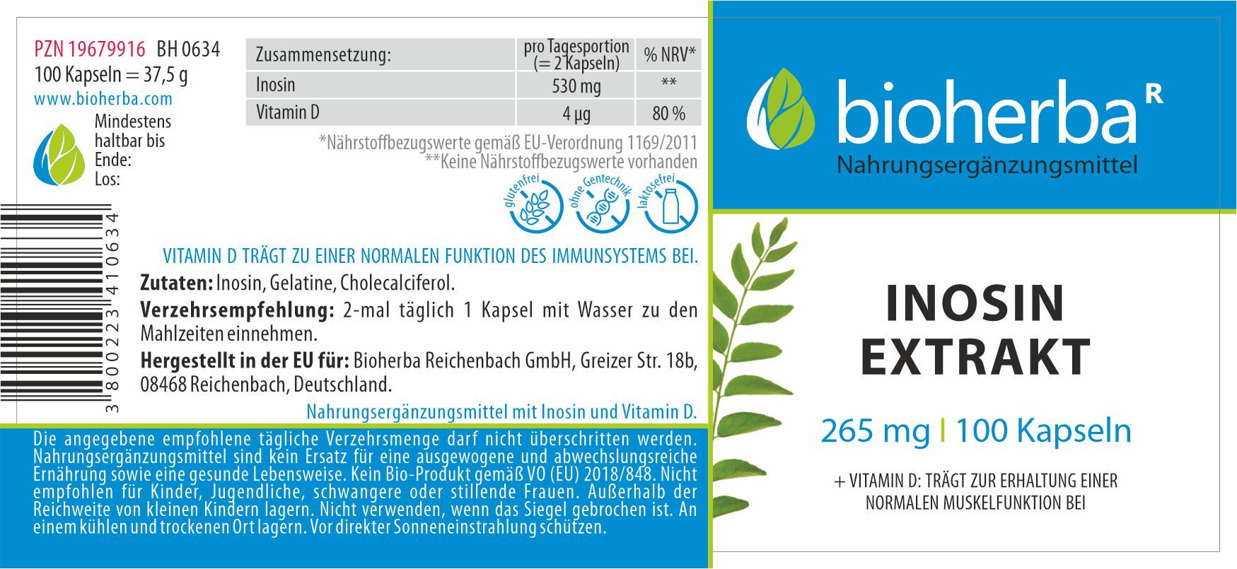 BIOHERBA R Bioherba Inosin Extrakt 265 mg 100 Kapseln Nahrungsergänzungsmittel, 1 er